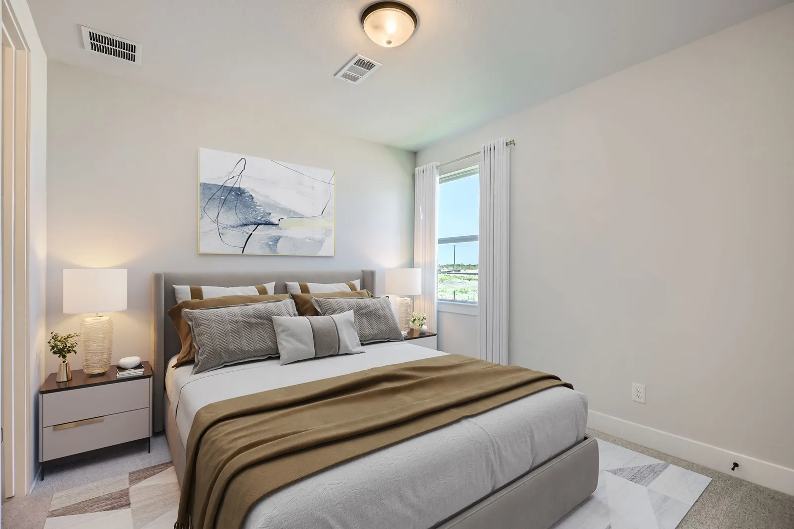 Carpeted room featuring a single window with white trim, a flush-mount ceiling light, and light-colored walls
