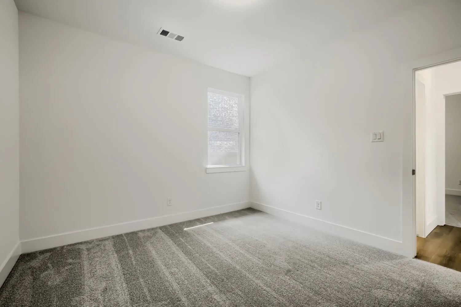 Neutral wall paint, ceiling-mounted light fixture, frosted window, carpet flooring, and white trim