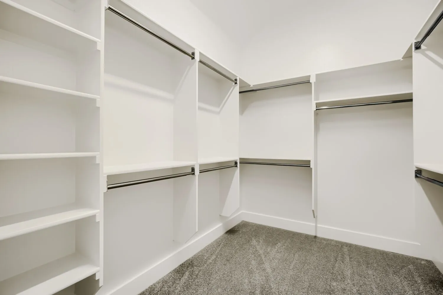 Built-in closet system with shelving, hanging rods, and carpet flooring
