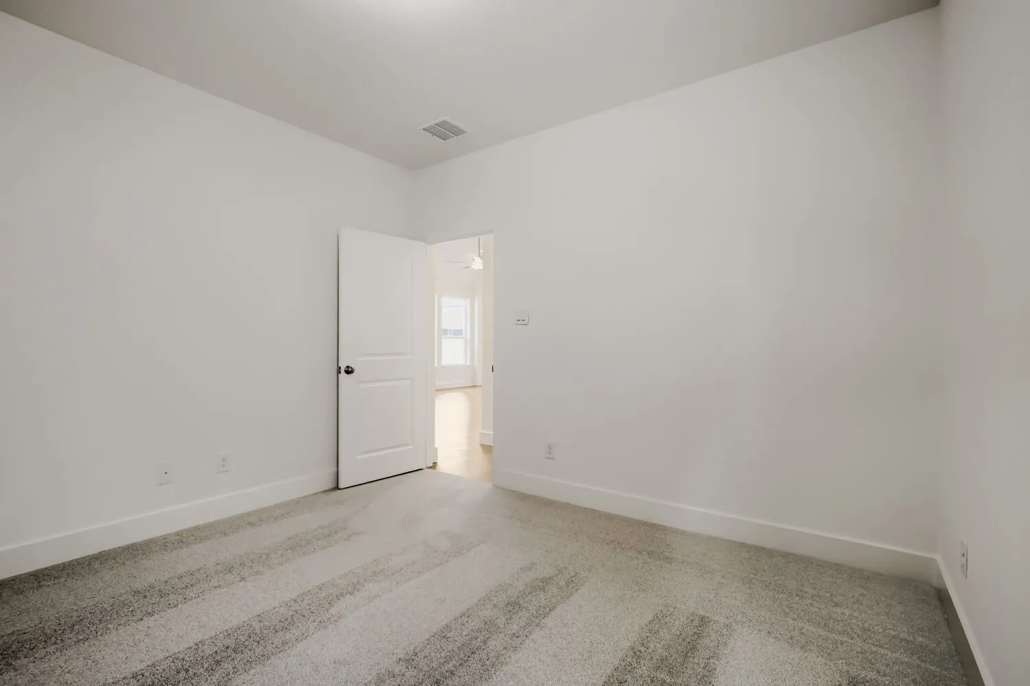 Neutral wall paint, plush carpeting, white trim, and a paneled door