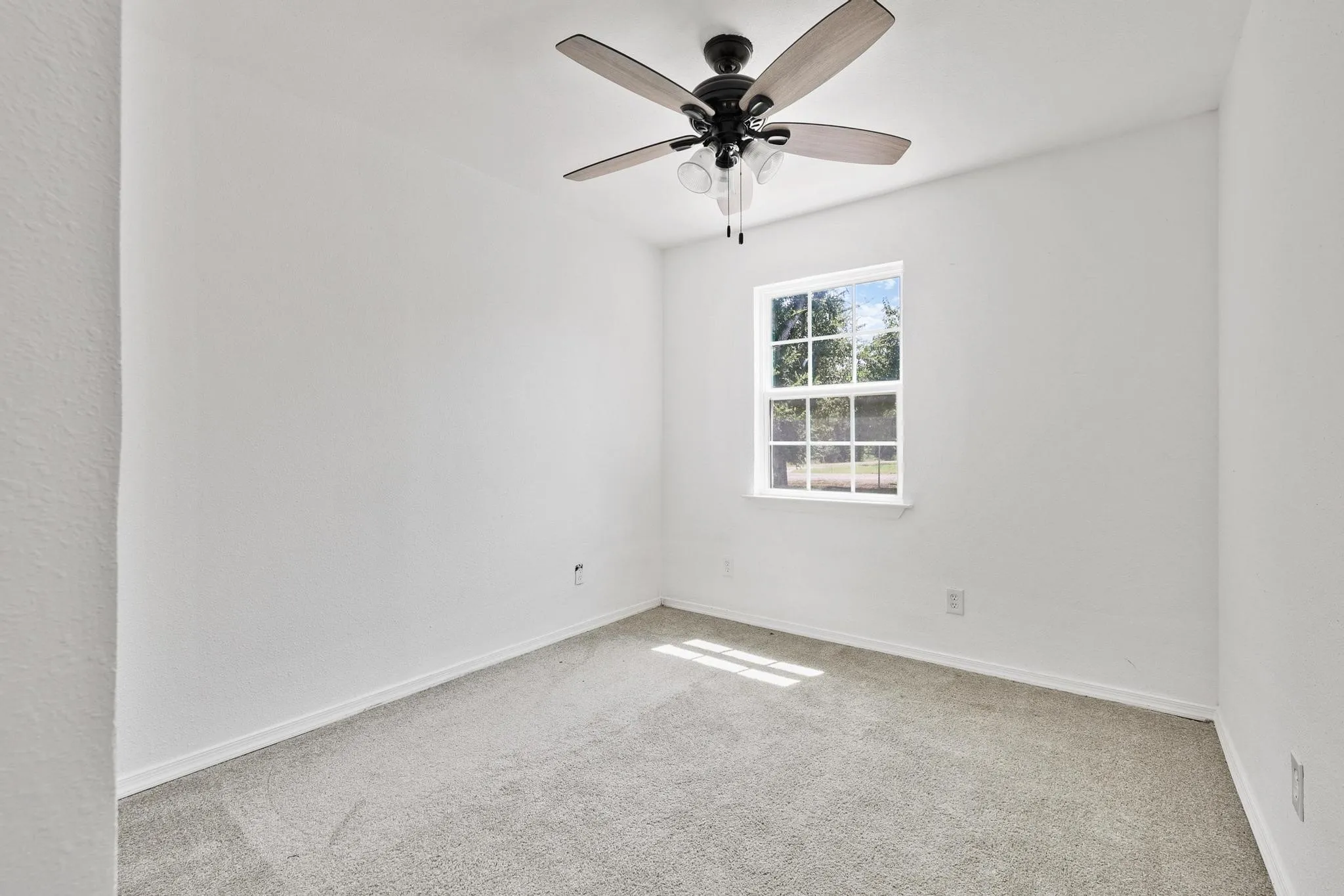 Neutral-toned carpeting extends throughout this room, complemented by a white window frame and a ceiling fan with light-colored blades