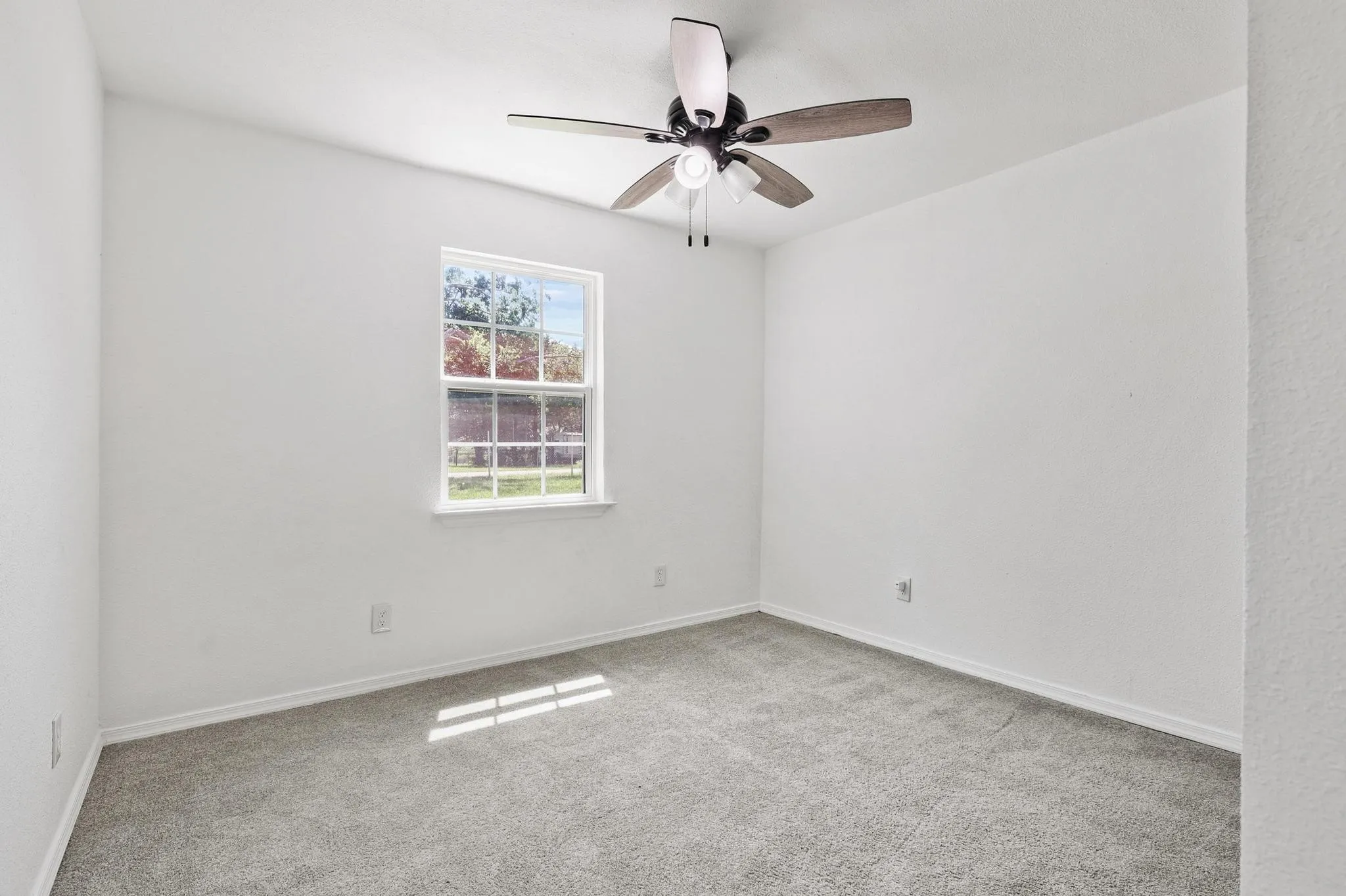 Bright room featuring a ceiling fan, white walls, and gray carpet