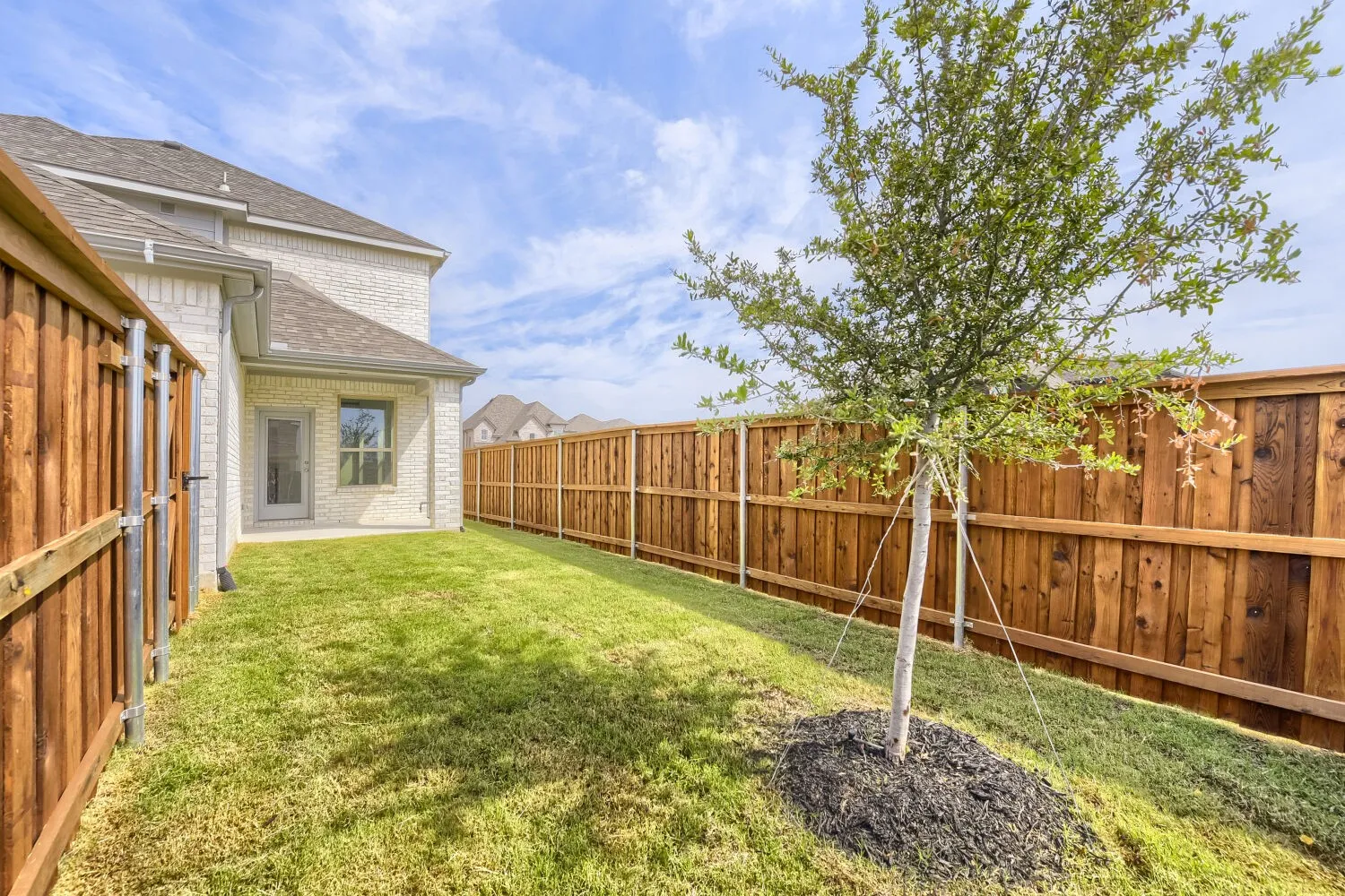 Expansive backyard featuring a manicured lawn, established privacy fencing, and a dedicated patio space