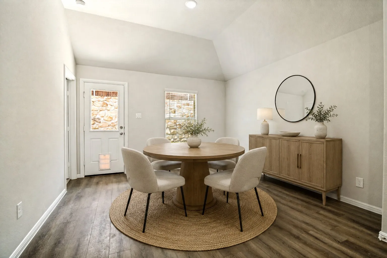 Vaulted ceiling, wood-finish flooring, white walls, white paneled door with window, natural stone exterior visible through windows