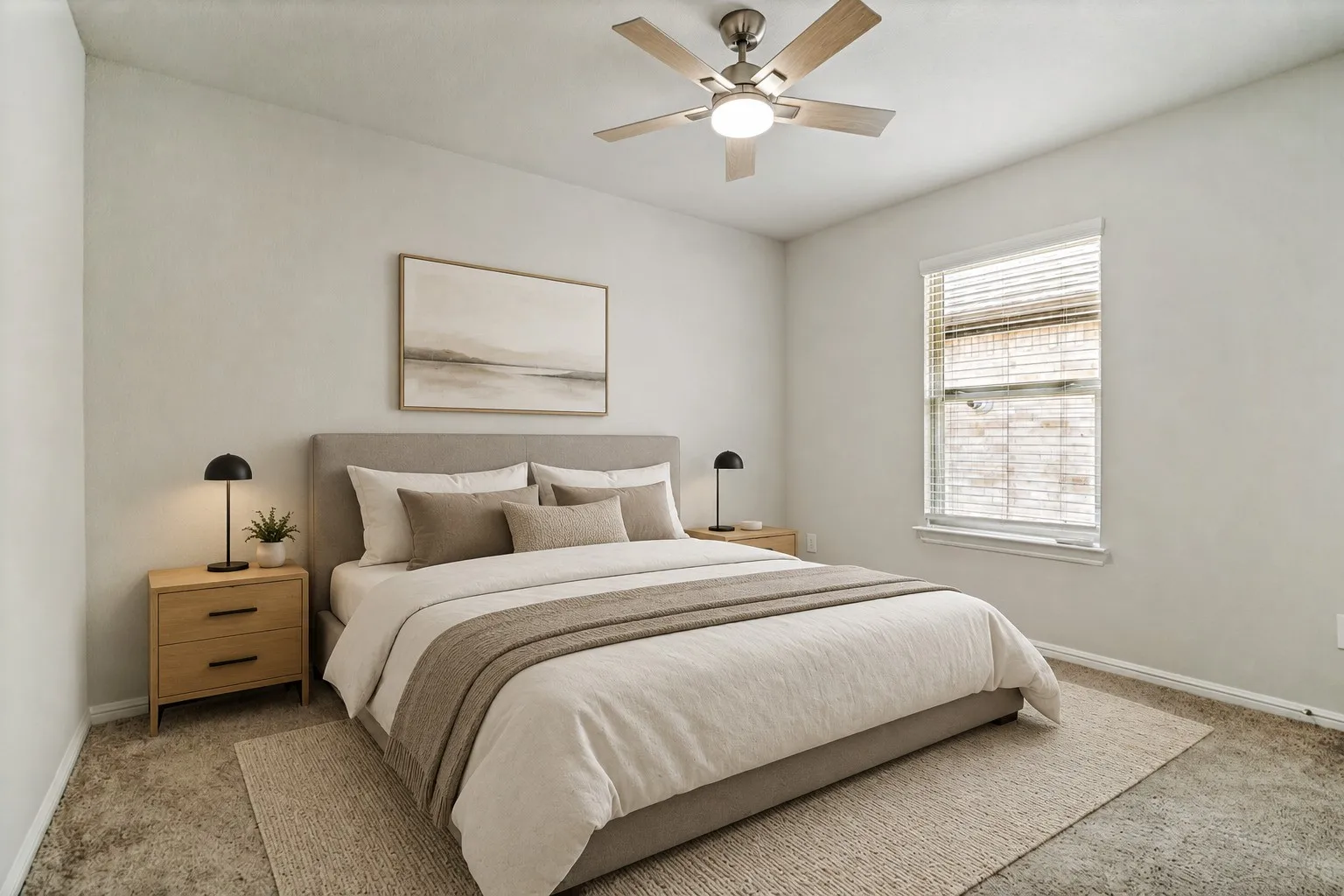 Recessed window with blinds, ceiling fan with light fixture, and carpeted flooring