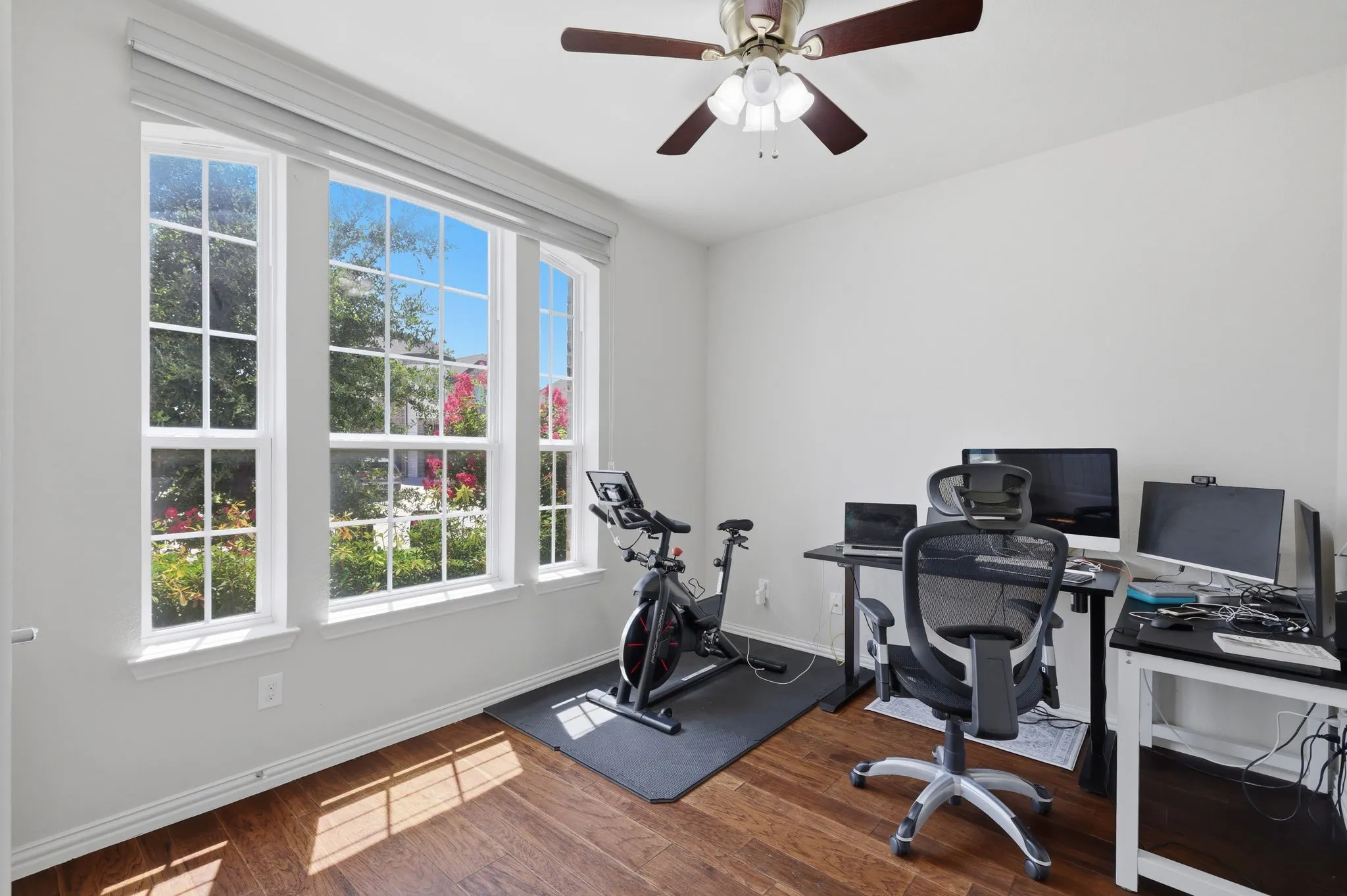 Bright interior space featuring a trio of tall windows with white muntins and a light-colored window shade