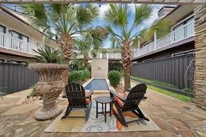 One of two onsite fountains with adjacent gazebo-covered seating.