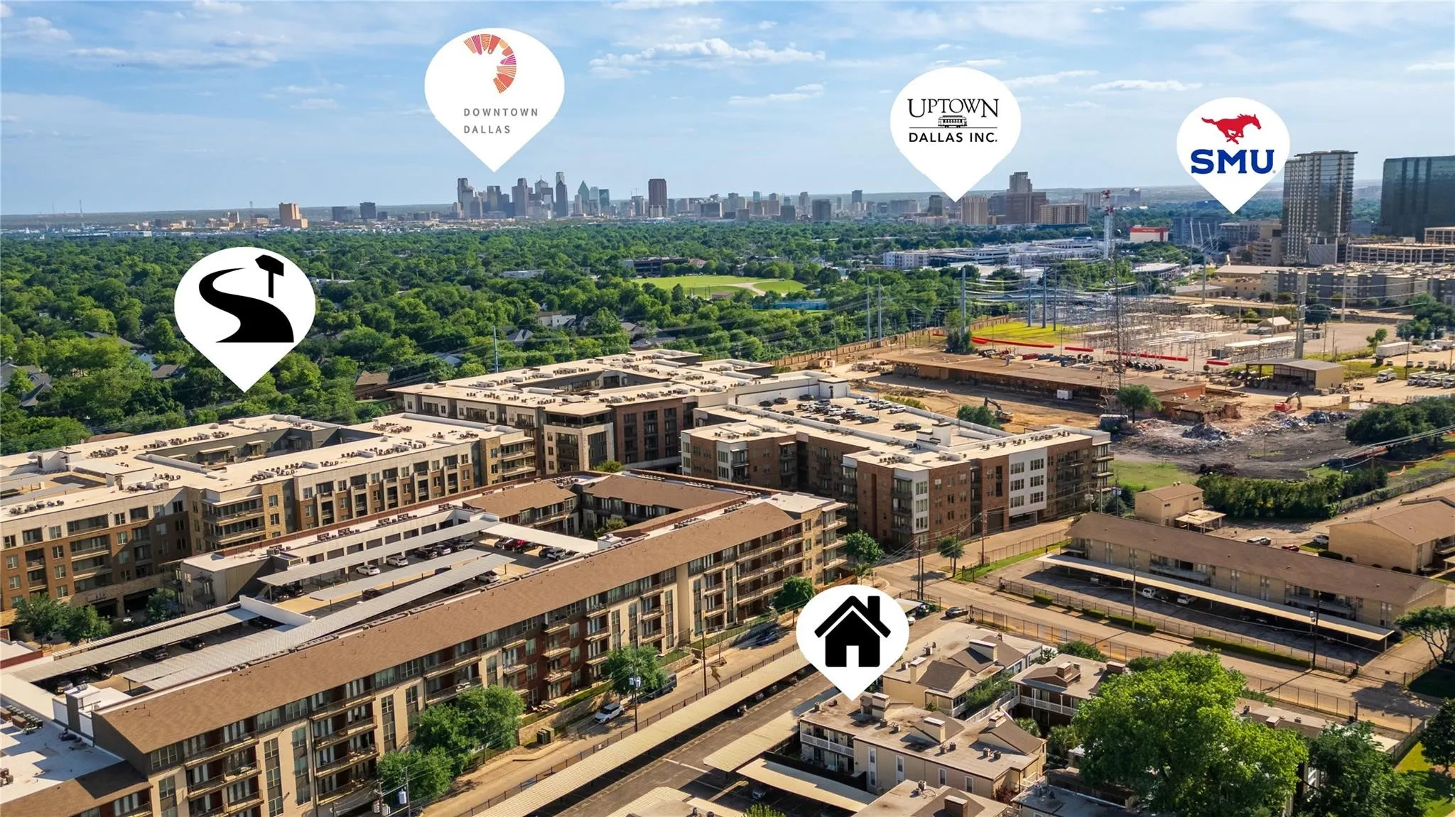 This south-facing aerial view shows that Tuscany is close to everything:  the University Crossing Trail which leads to White Rock Lake, Downtown, Uptown, and SMU.  Three grocery stores, including Central Market, are nearby just to the north.  Prime location!!
