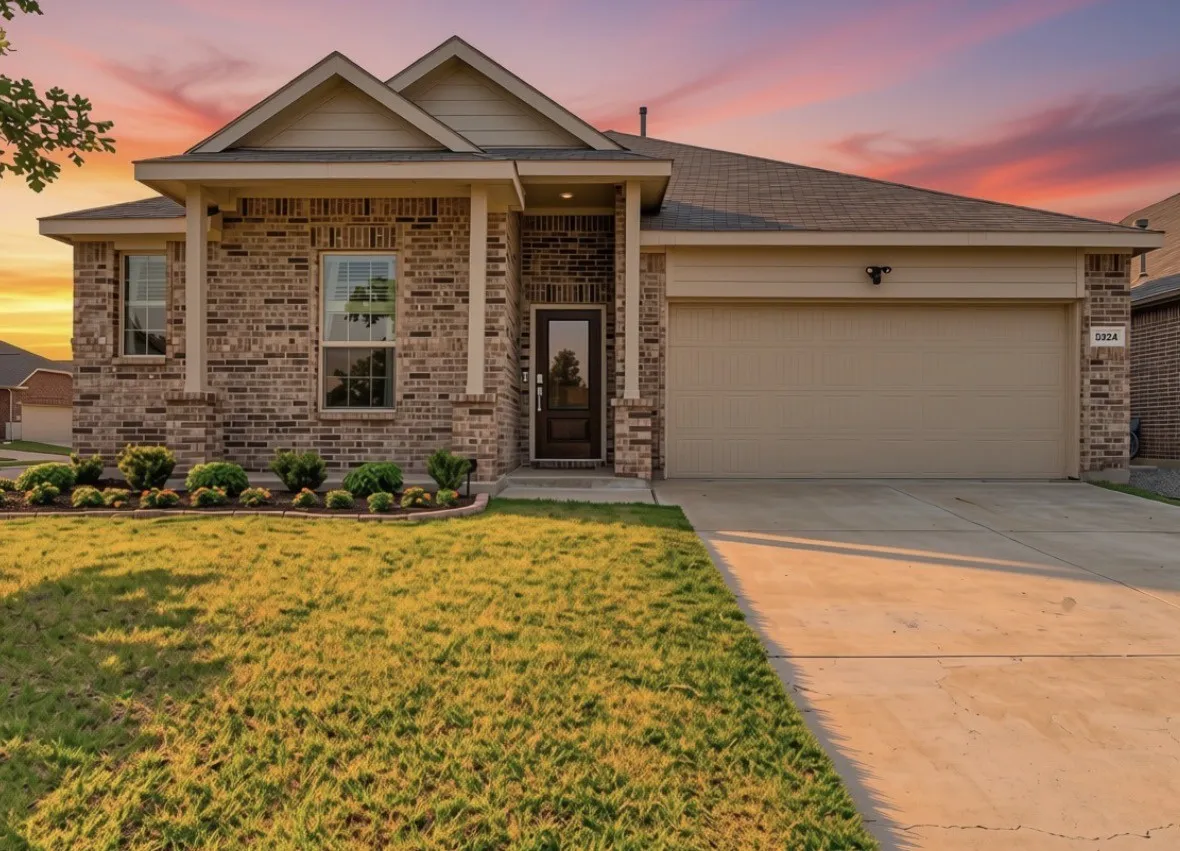 Brick exterior featuring a two-car garage, a covered entry, and a landscaped front yard with a manicured lawn
