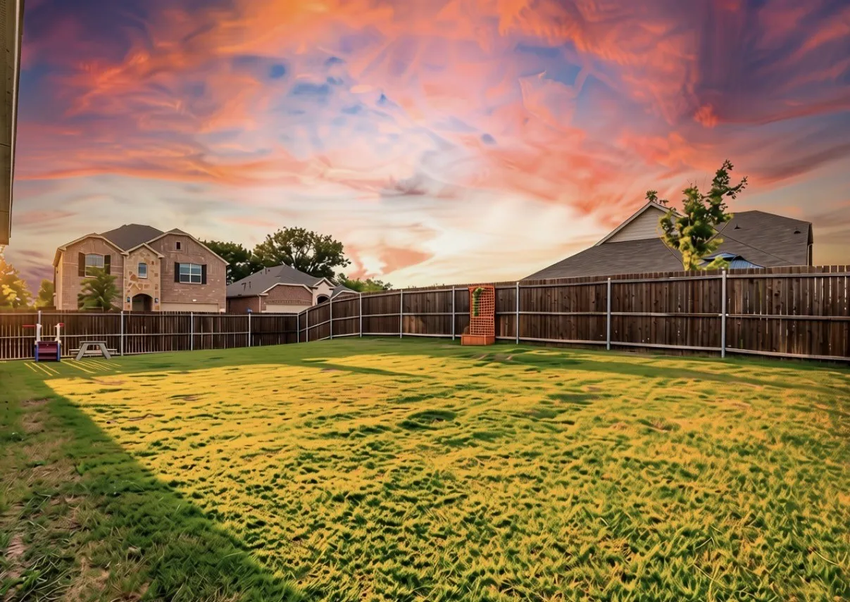 Expansive backyard featuring a large green lawn, full wood privacy fencing, and a two-story brick and stone exterior home