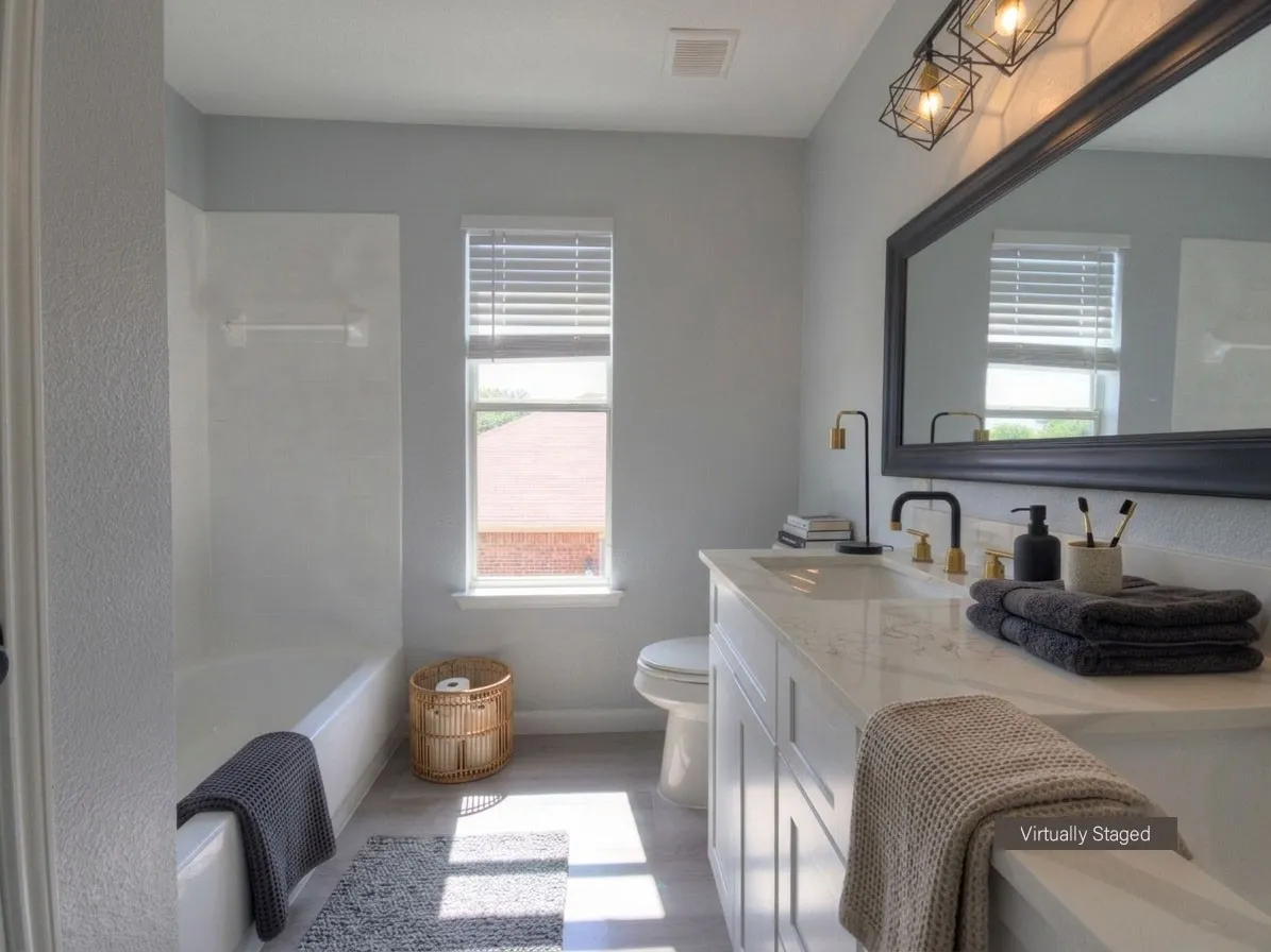 Bathroom featuring a single vanity with stone-finish countertop, undermount sink, and black and gold-tone faucet