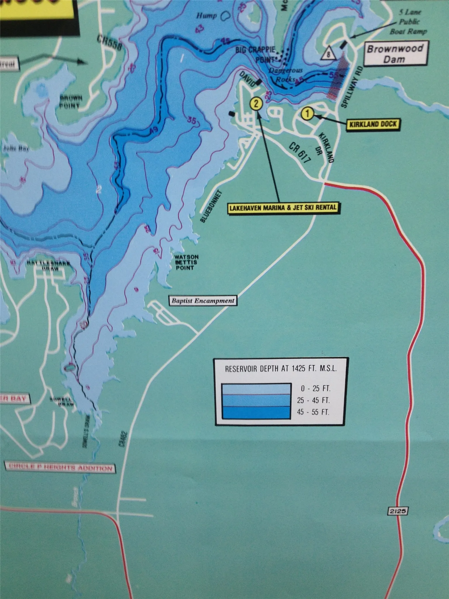 Topographic Map. Illustrating reservoir depth and local points of interest