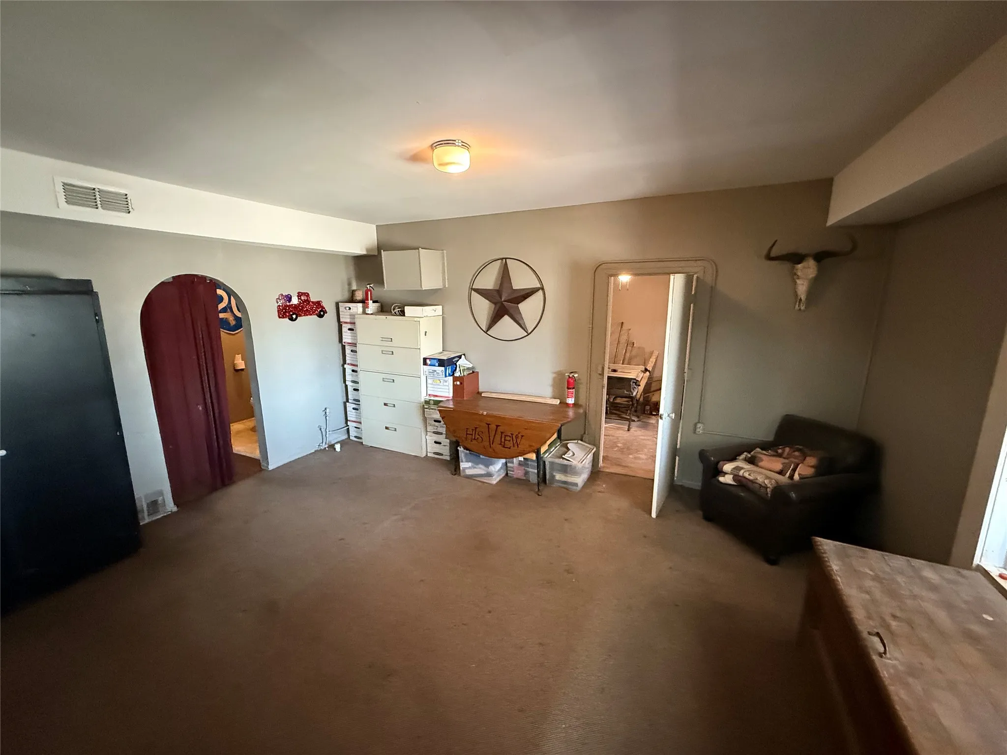 Spacious interior room featuring a neutral wall color, carpeted flooring, and a ceiling-mounted light fixture
