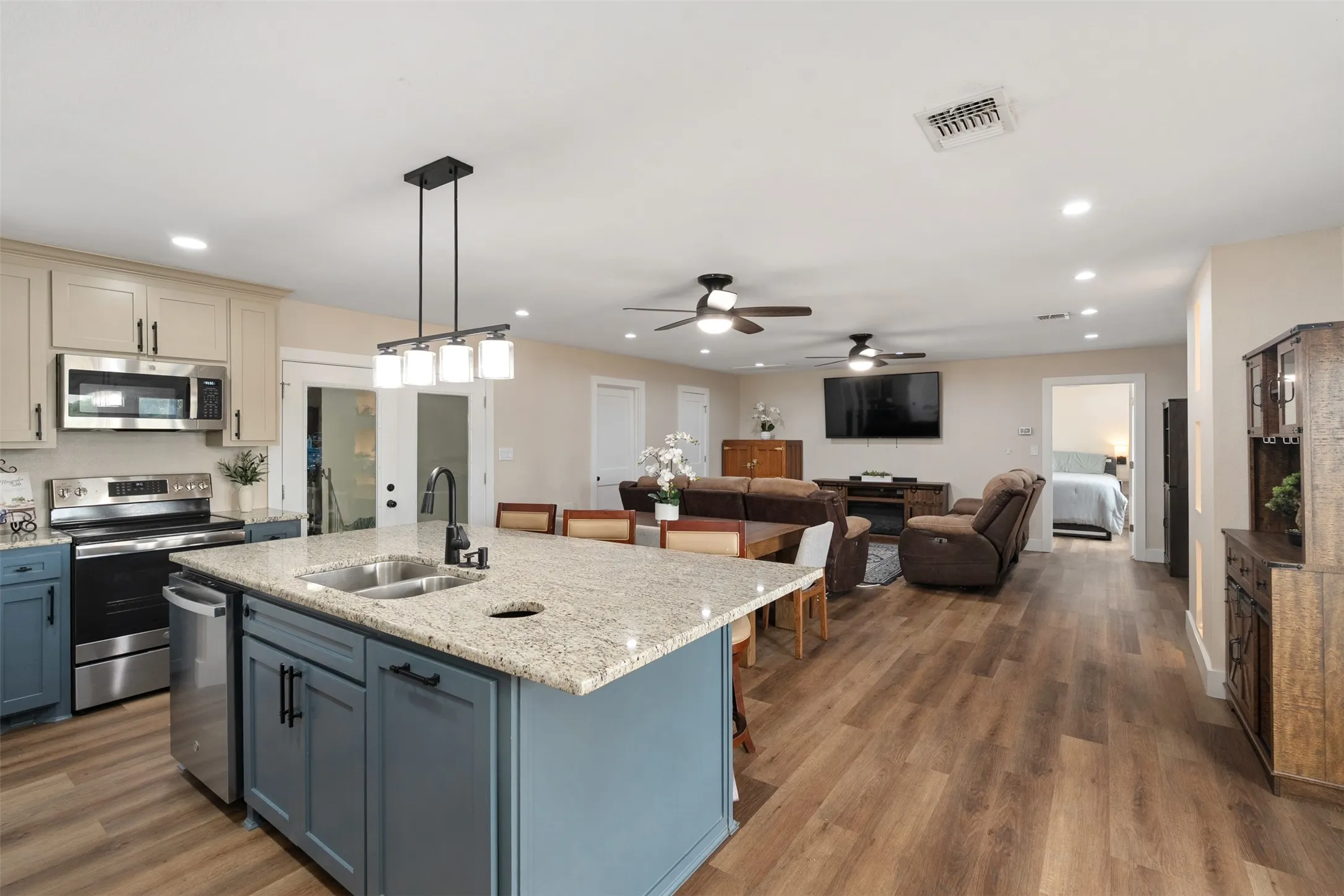 Upstairs kitchen, dining, living combo
