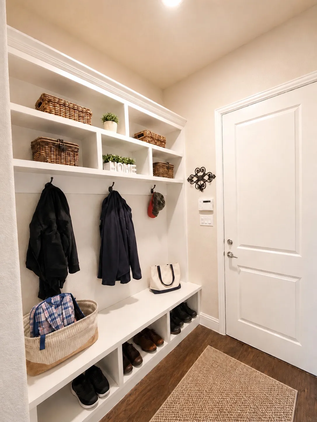 Built-in storage area featuring multiple open shelves, wall-mounted coat hooks, and integrated bench seating with shoe cubbies below