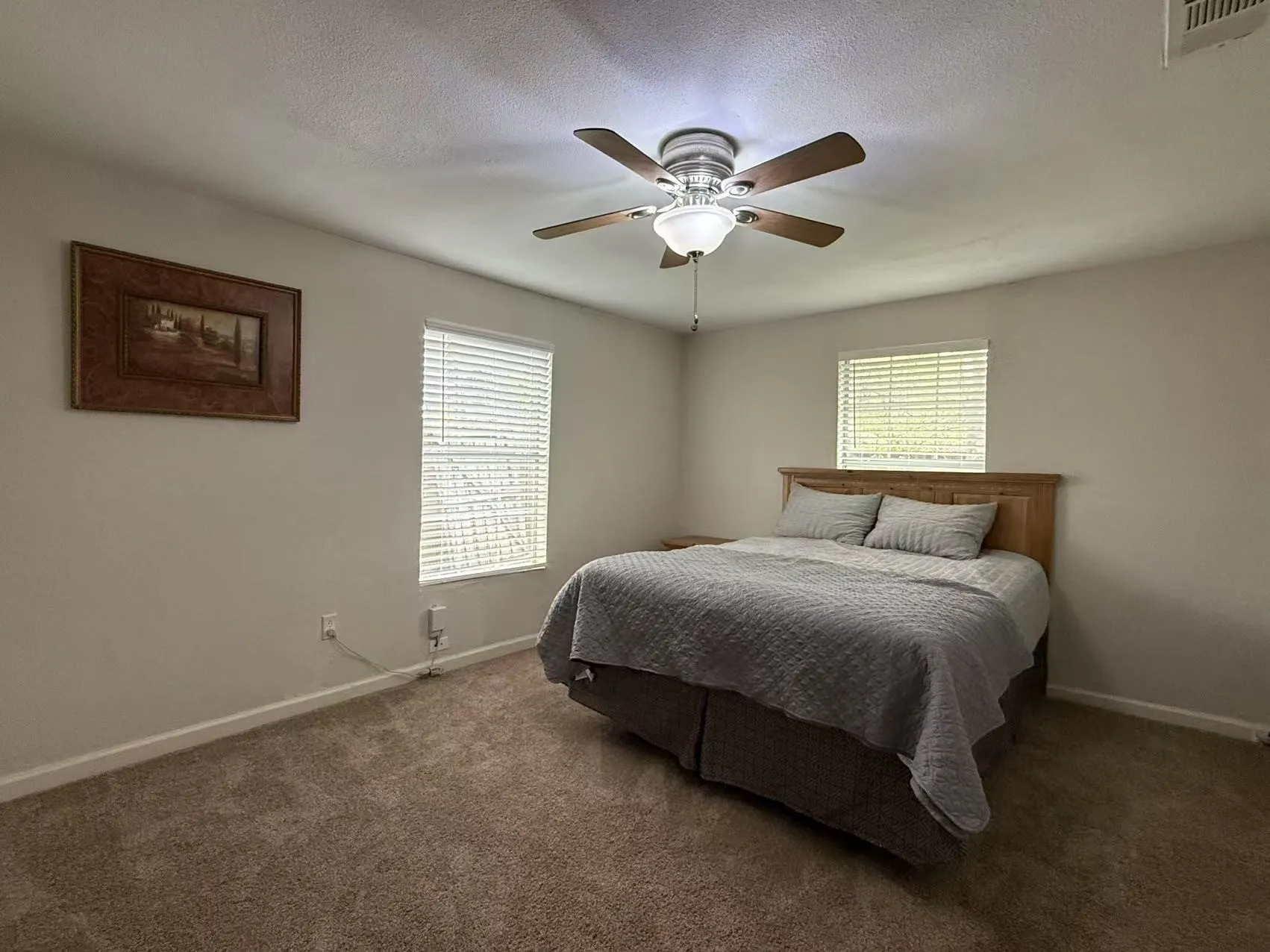 Carpeted interior room featuring light-colored walls and two windows with horizontal blinds