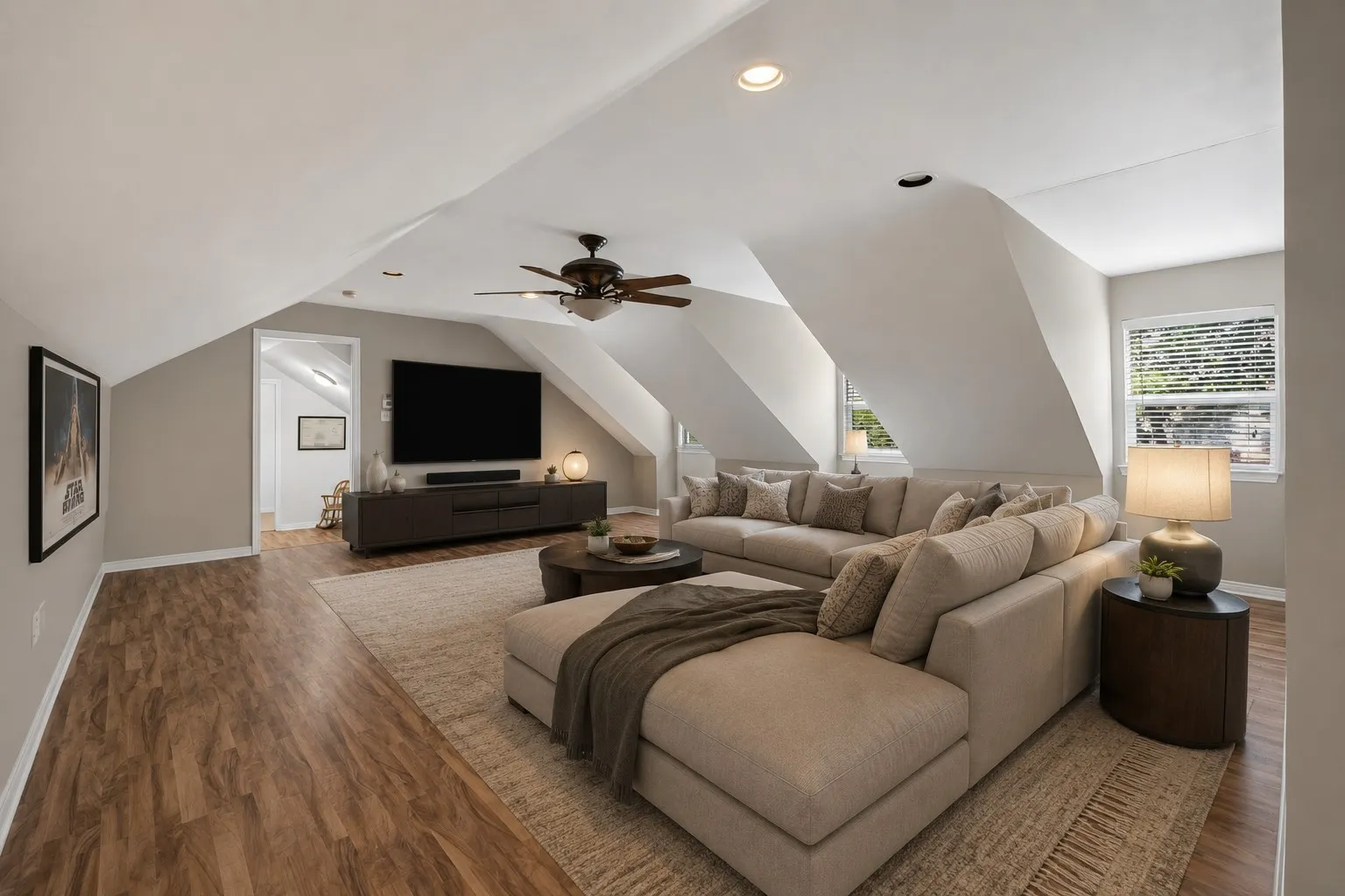 Large Upstairs Bedroom Virtually Staged as a 2 living room
