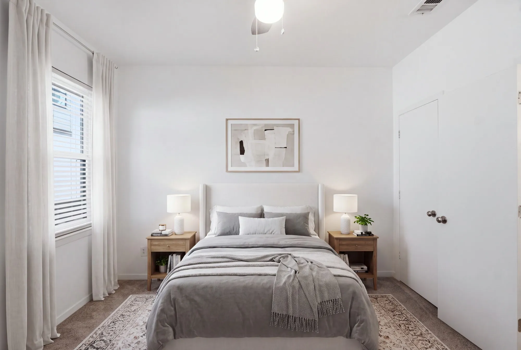 Carpeted flooring, window with blinds, ceiling-mounted light fixture, white walls, and a closet with bifold doors