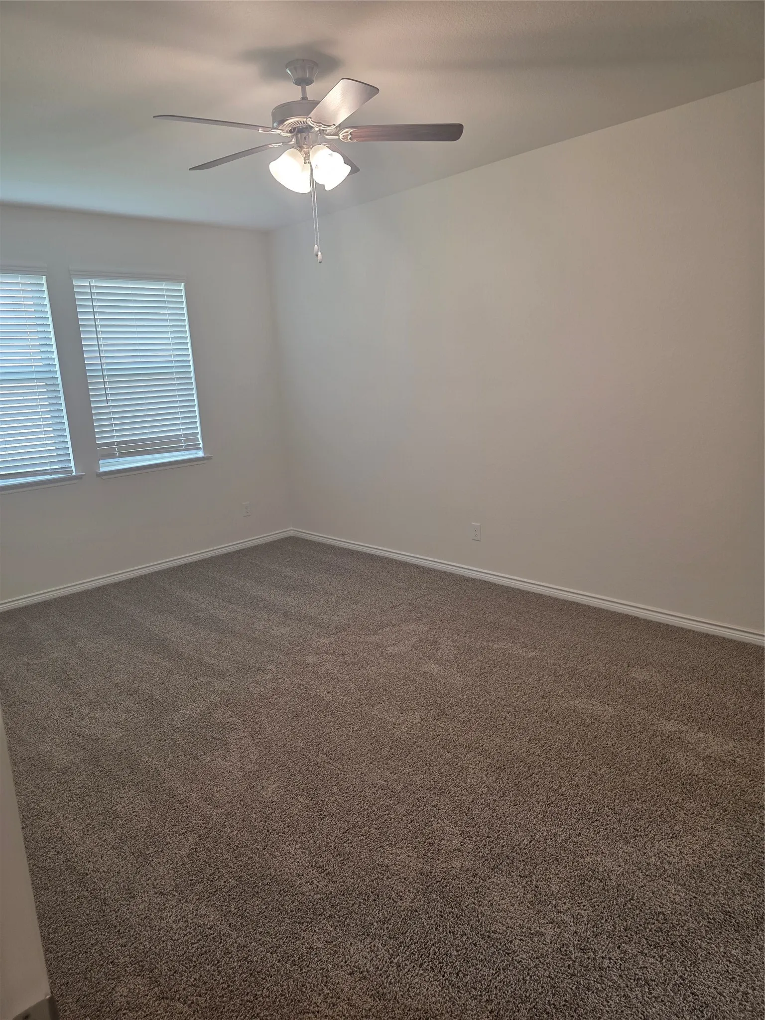 Spacious room featuring neutral carpeting, white baseboards, and two windows with blinds