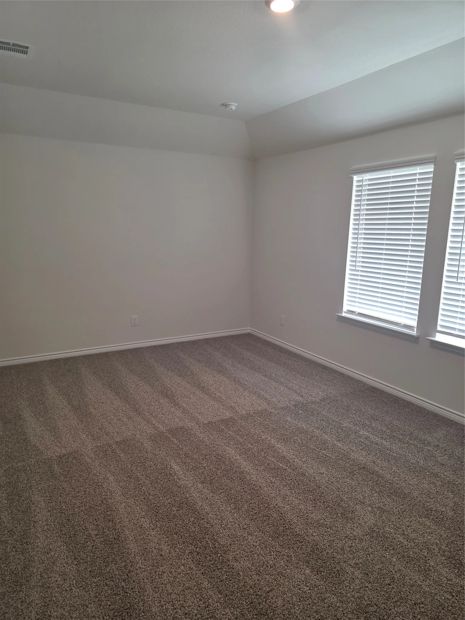 Spacious interior featuring carpet flooring, crisp white walls, white baseboards, a tray ceiling, and two windows with horizontal blinds