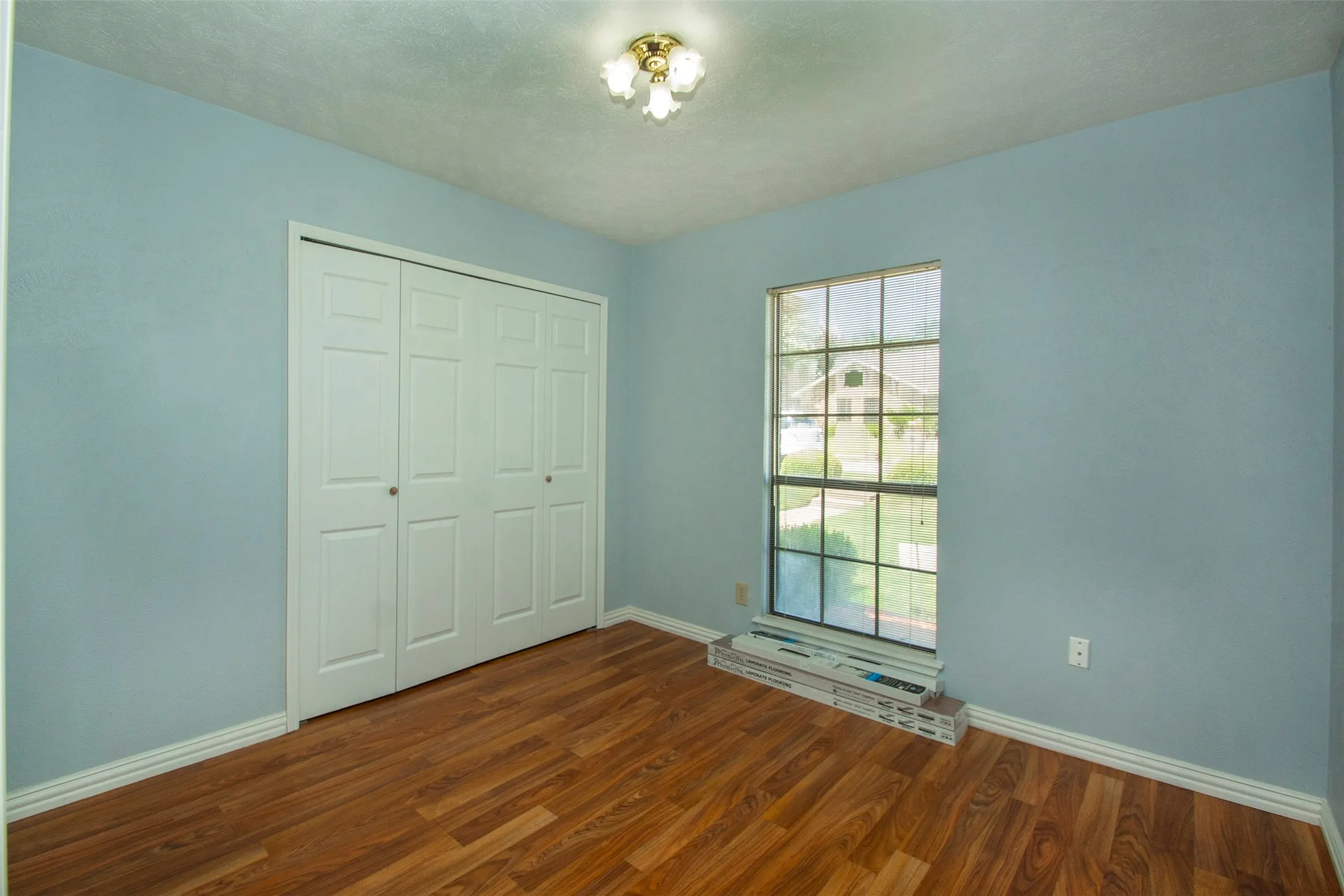 Interior room featuring wood-finish flooring, light blue wall paint, and white baseboards