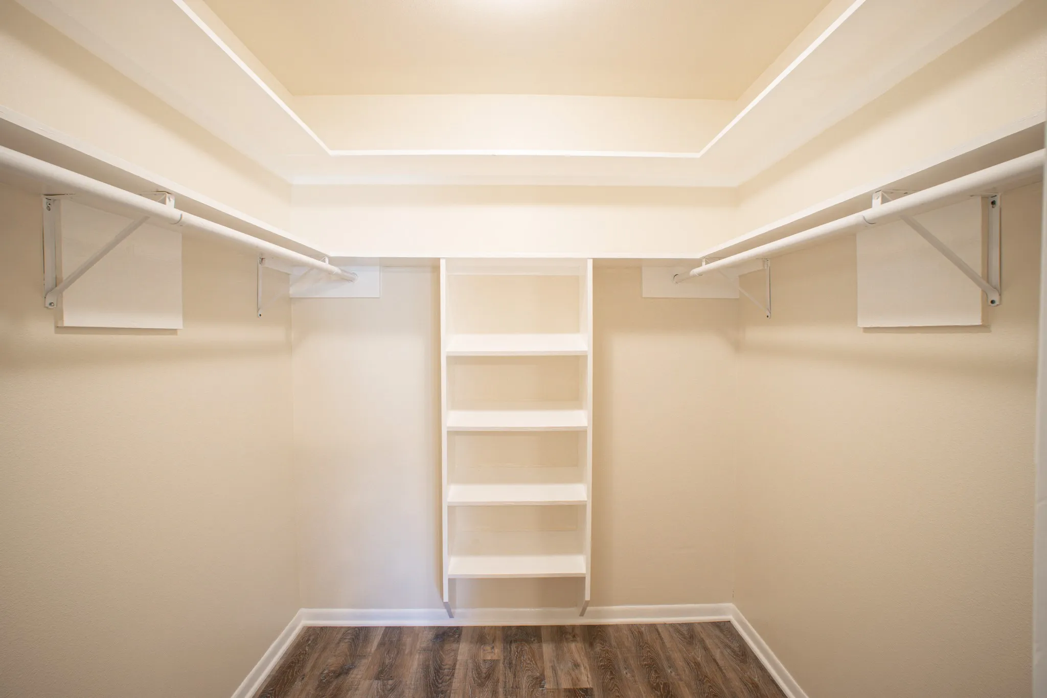 Walk-in closet with integrated shelving, dual hanging rods, wood-finish flooring, and crown molding