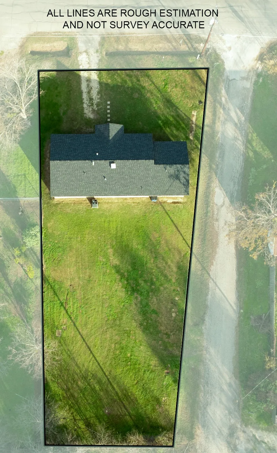 Overhead perspective highlighting a single-story residence with a dark shingle roof