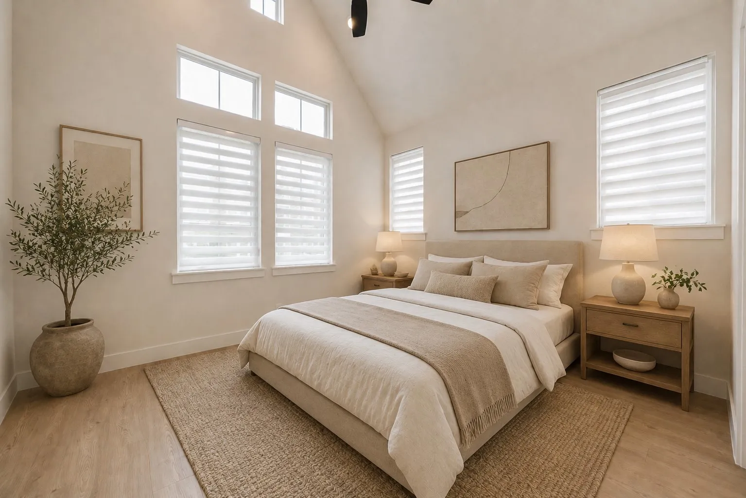 Vaulted ceiling featuring a dark-toned ceiling fan
