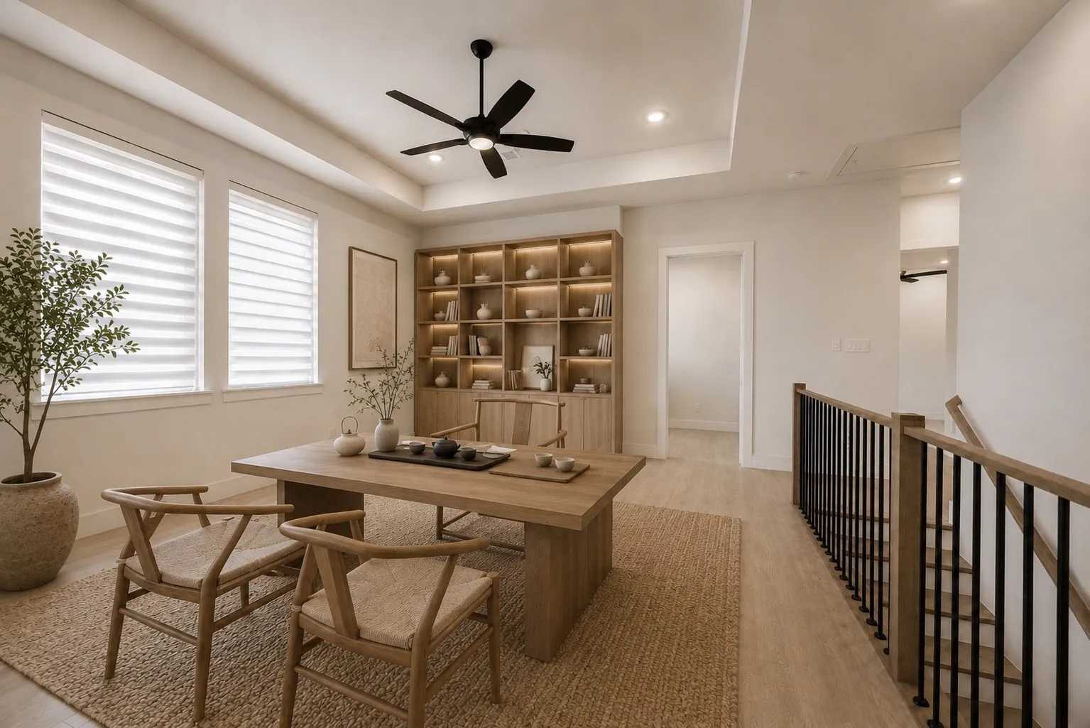 Dedicated space featuring a built-in illuminated bookshelf, wood-finish flooring, and a tray ceiling with recessed lighting