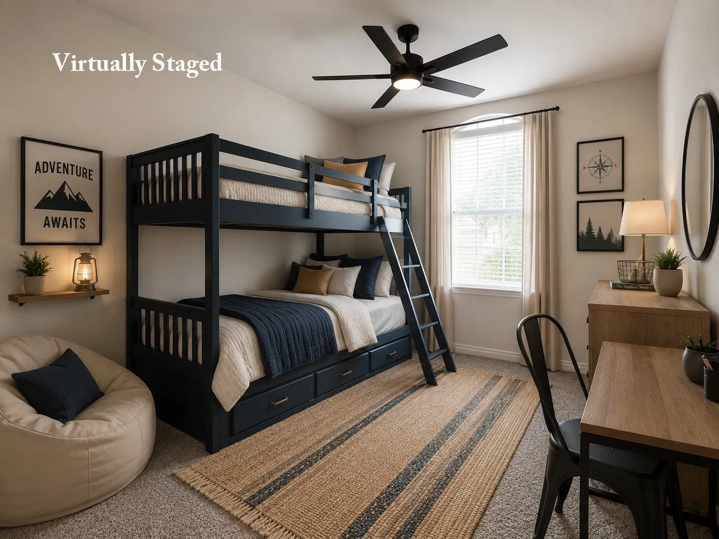Room featuring carpet flooring, a window with blinds and drapes, and a ceiling fan with integrated lighting