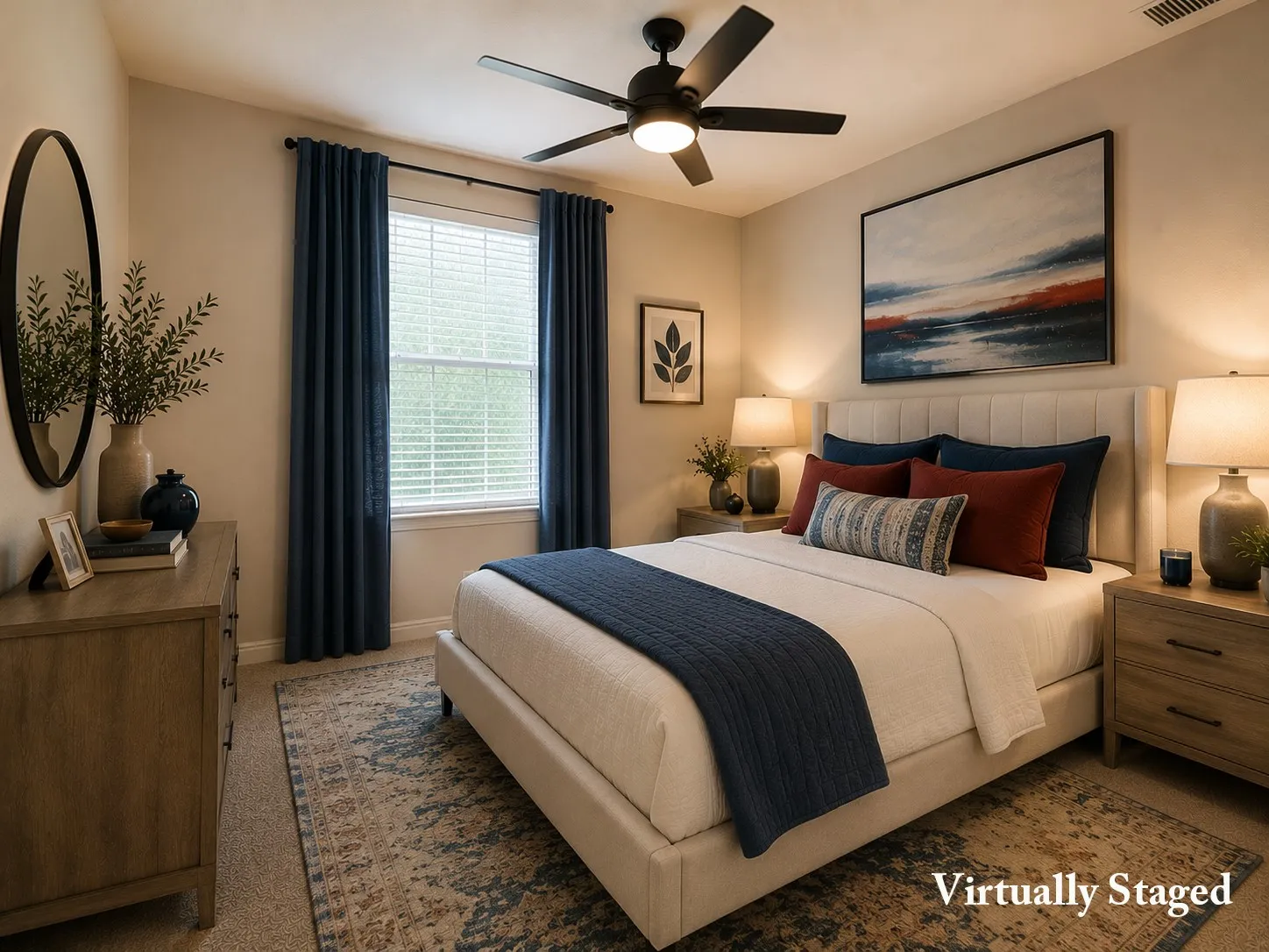 Carpeted room with a ceiling fan, a window with blinds and drapes, and neutral wall tones