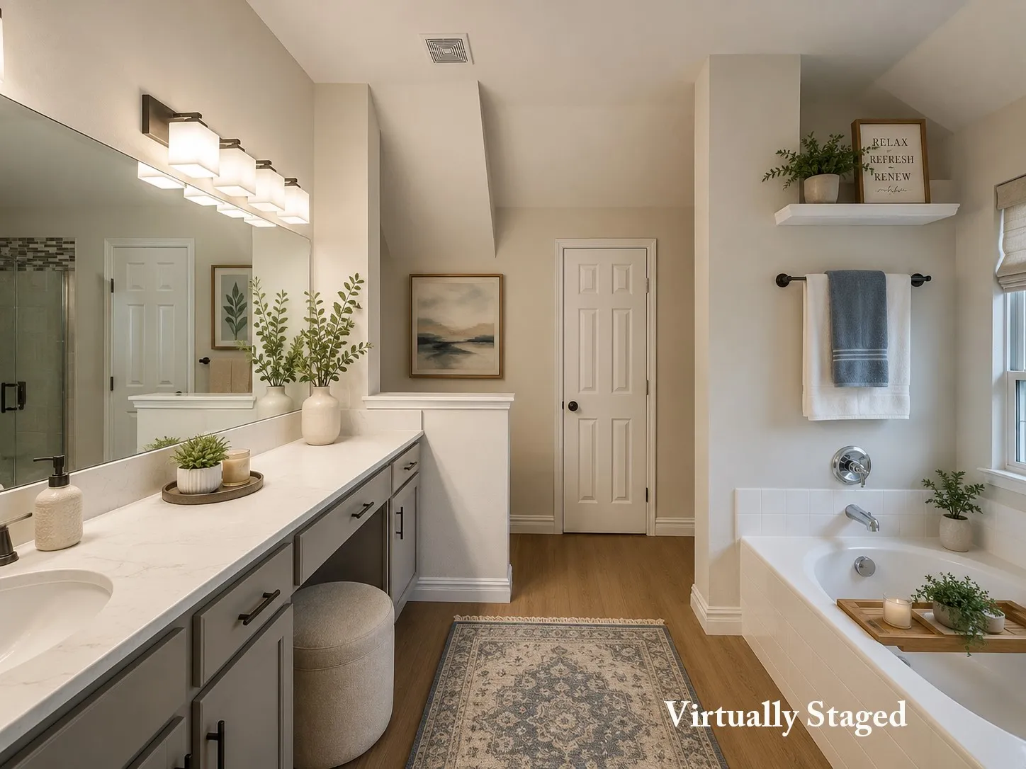 Bathroom featuring a dual vanity with a light countertop, a built-in soaking tub, a large mirror, wood-finish flooring, and a white interior door