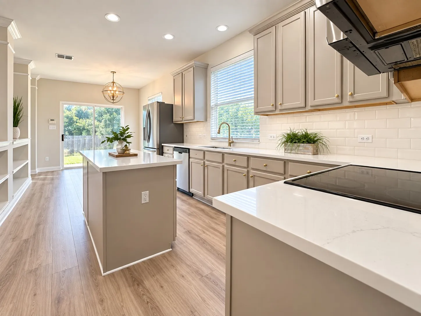 Open concept kitchen featuring an island, recessed lighting, wood-finish flooring, white subway tile backsplash, and light-colored cabinetry