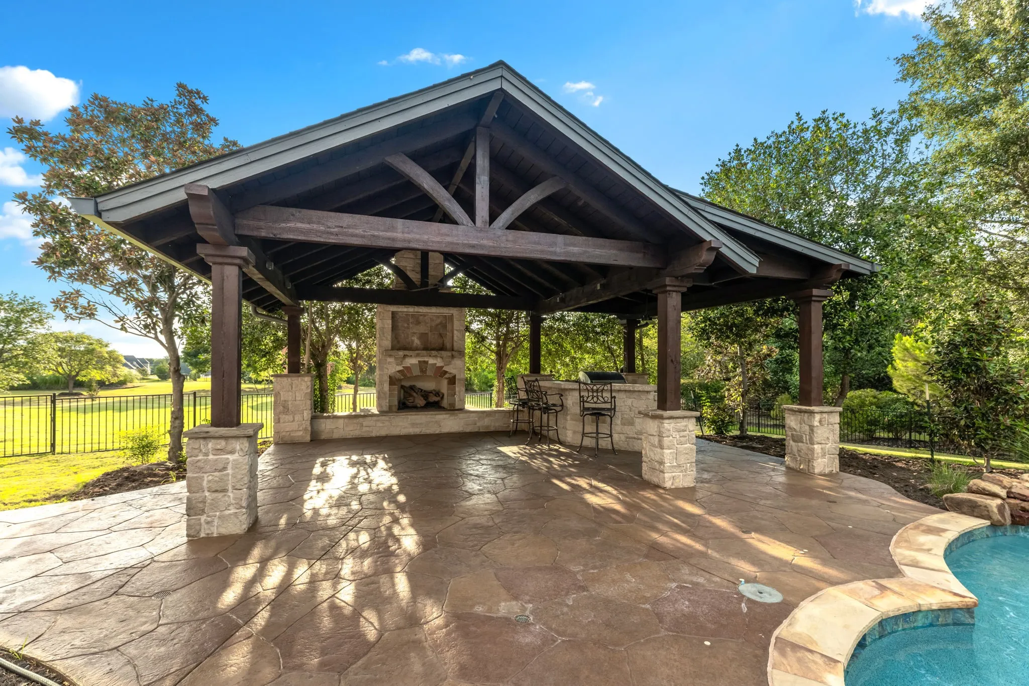 Outdoor pavilion with gas fireplace