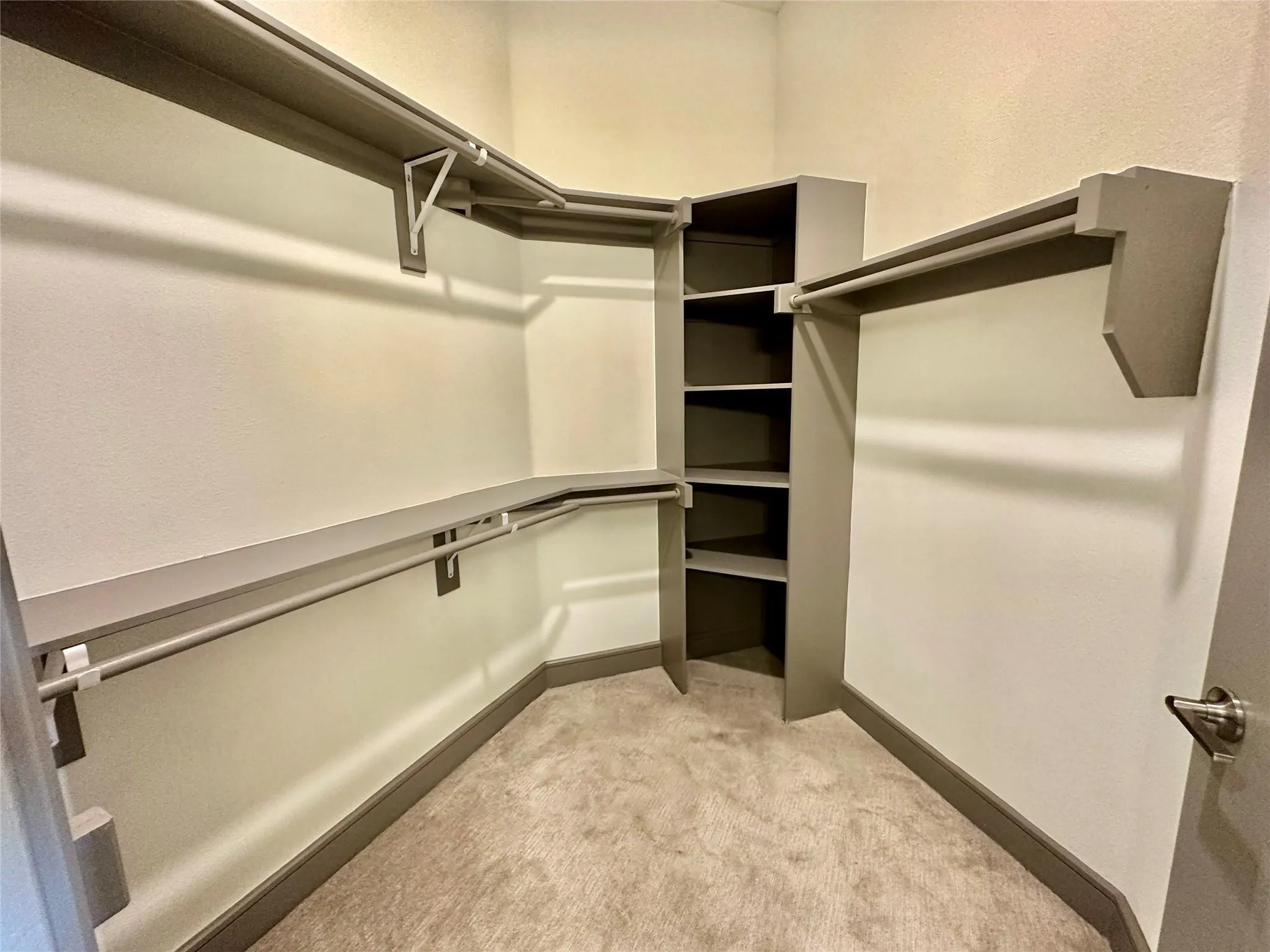 Walk-in closet featuring built-in shelving, multiple hanging rods, corner shelving unit, and neutral carpeting