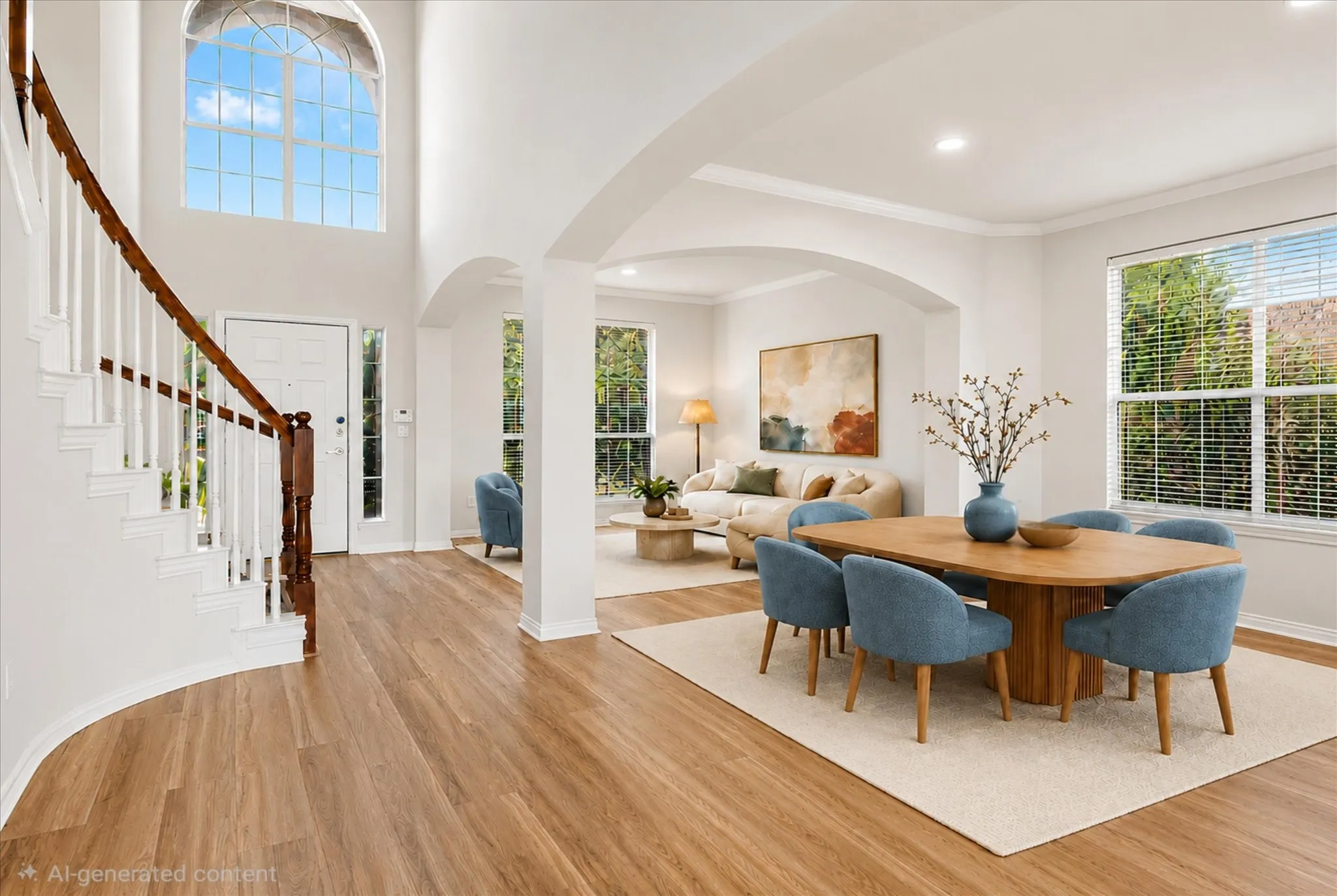 STAGED PHOTOS -  Two-story foyer with a prominent arched window, curved staircase with wood-finish handrail, and light wood-finish flooring