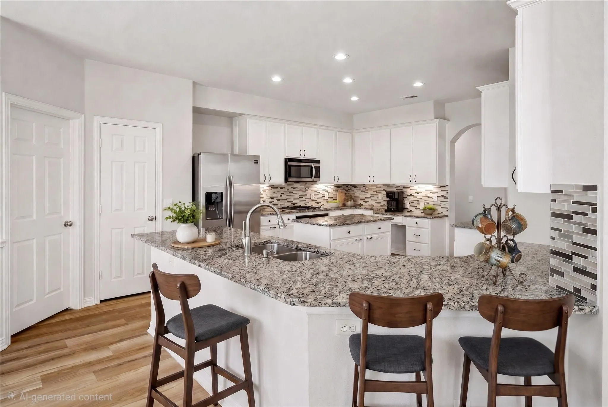 STAGED PHOTO OF KITCHEN - Spacious kitchen featuring white cabinetry, stainless steel appliances, speckled countertops, a patterned tile backsplash, and recessed lighting