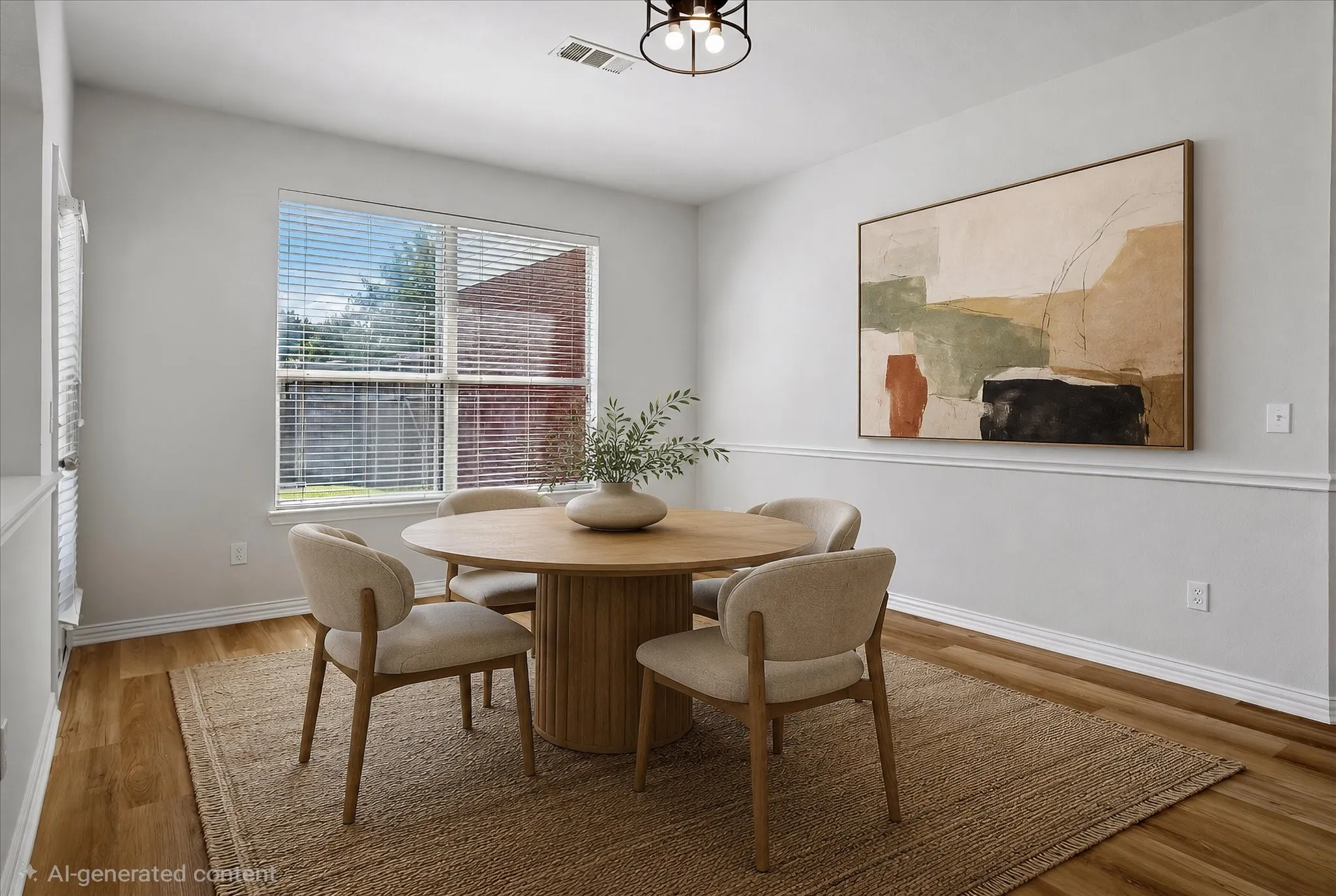 STAGED PHOTO OF BREAKFAST AREA - Vaulted ceiling room featuring a large arched window with blinds, wood-finish flooring, and a ceiling fan