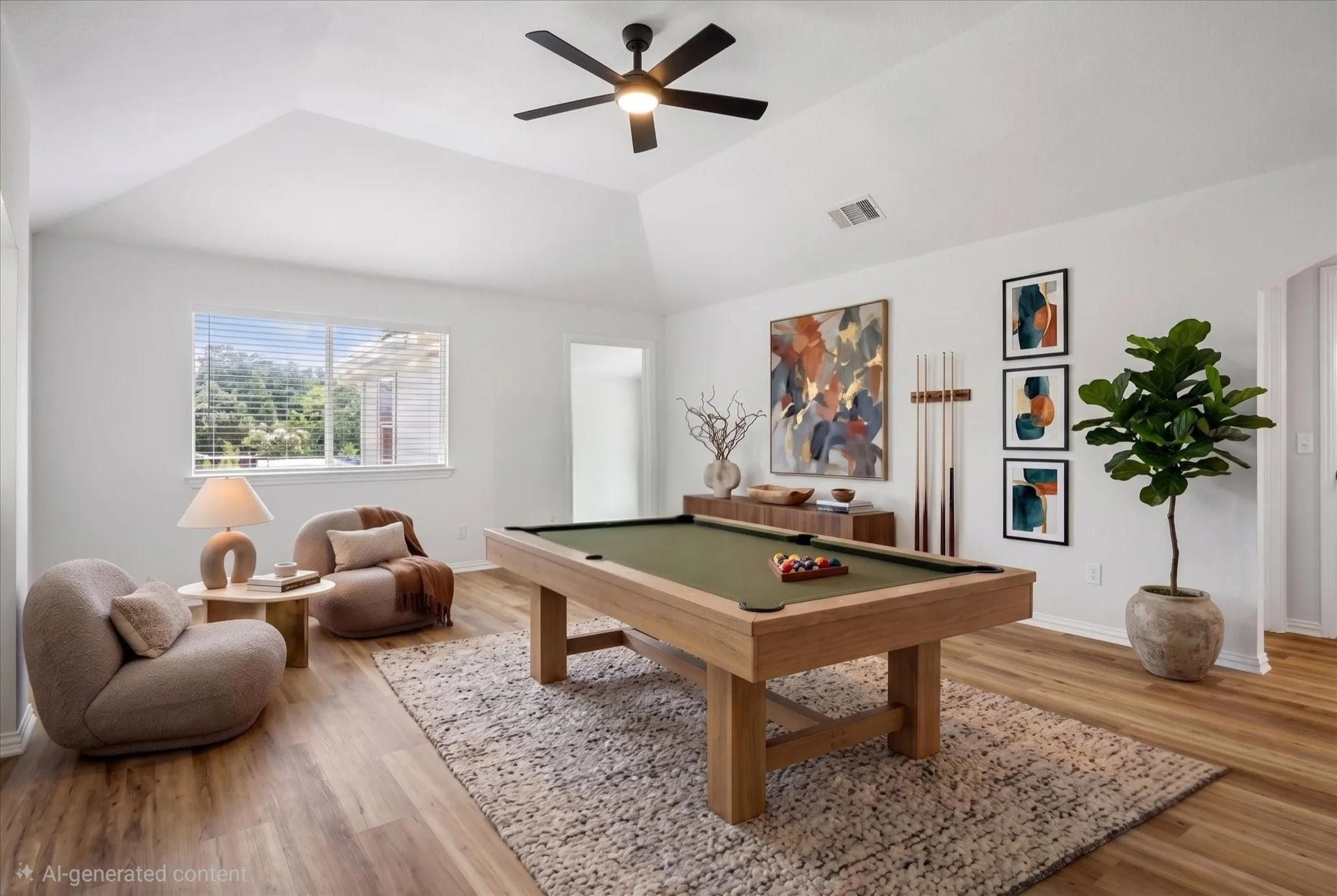 STAGED PHOTO OF GAMEROOM - Spacious room featuring vaulted ceilings, light tan carpet, and a large window with horizontal blinds