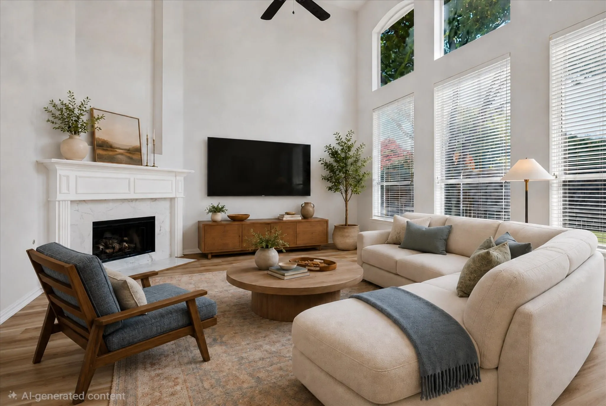 STAGED FAMILY ROOM PHOTO -Living area featuring a soaring ceiling with a ceiling fan, a fireplace with a white mantel and stone surround, and multiple tall windows with blinds