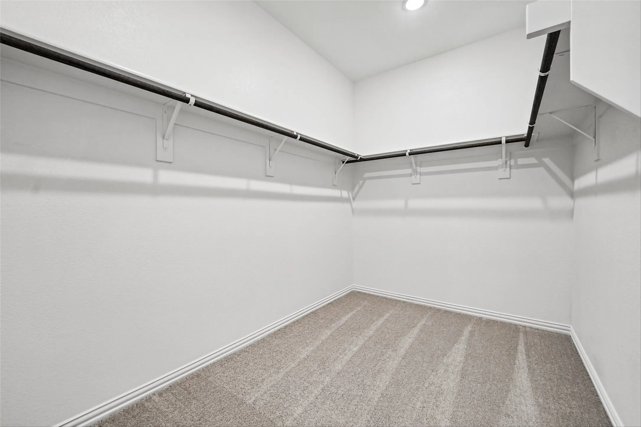 Built-in closet shelving and hanging rods, recessed ceiling lighting, and carpet flooring