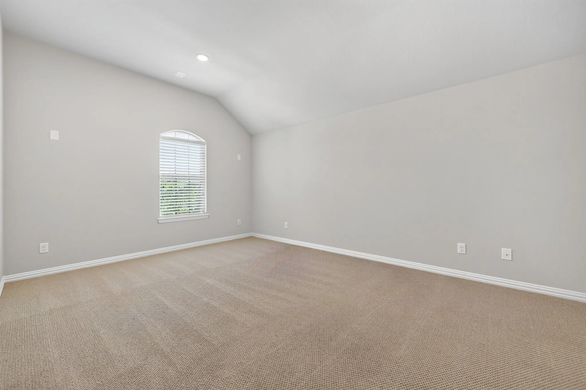 Spacious room featuring vaulted ceilings, light gray wall paint, and a carpeted floor