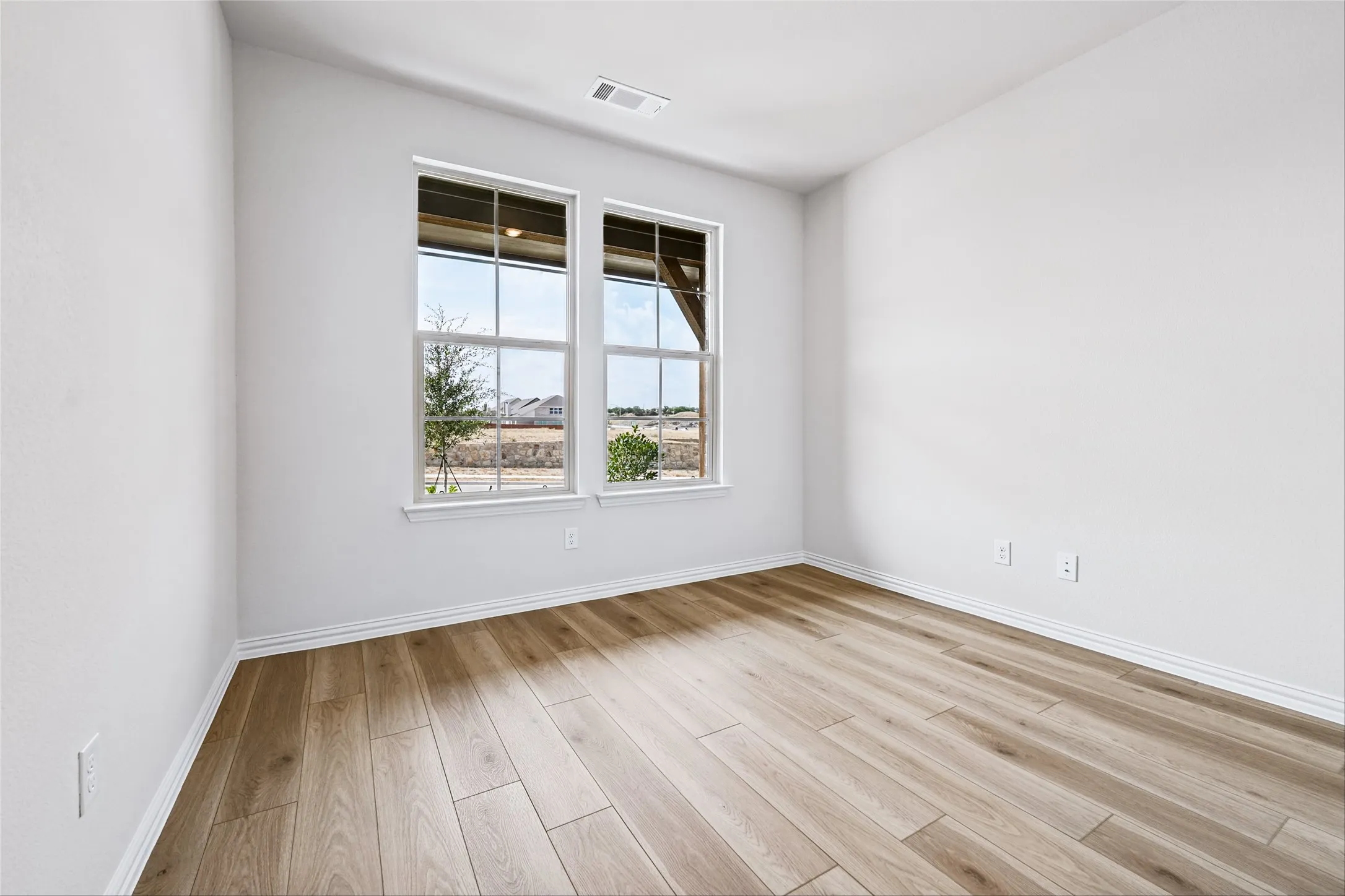Wood-finish flooring, white trim, and a pair of double-pane windows