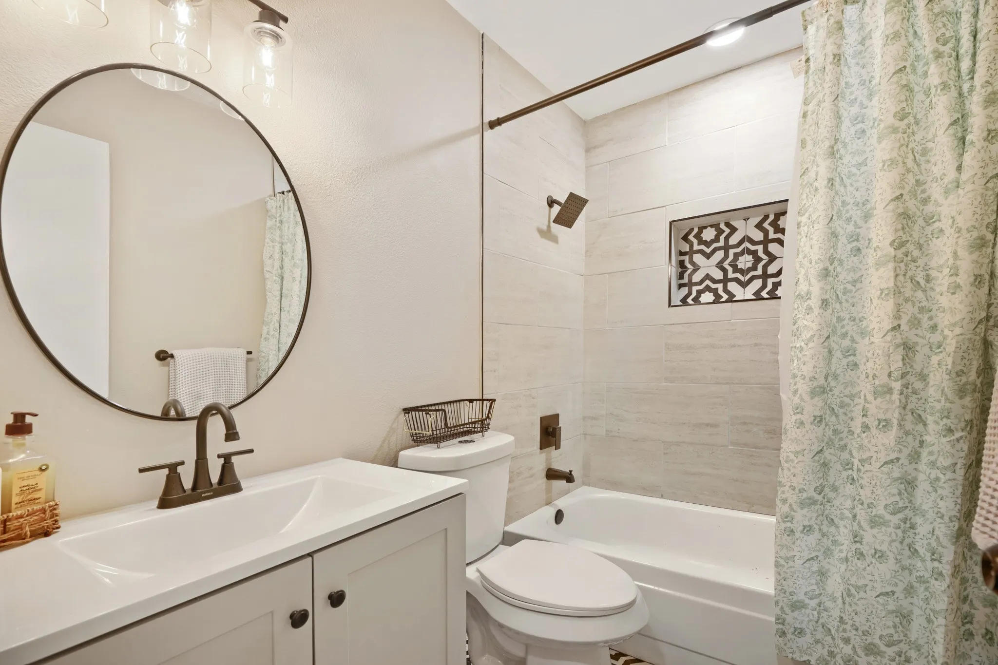 Guest bathroom with updated tile, and vanities