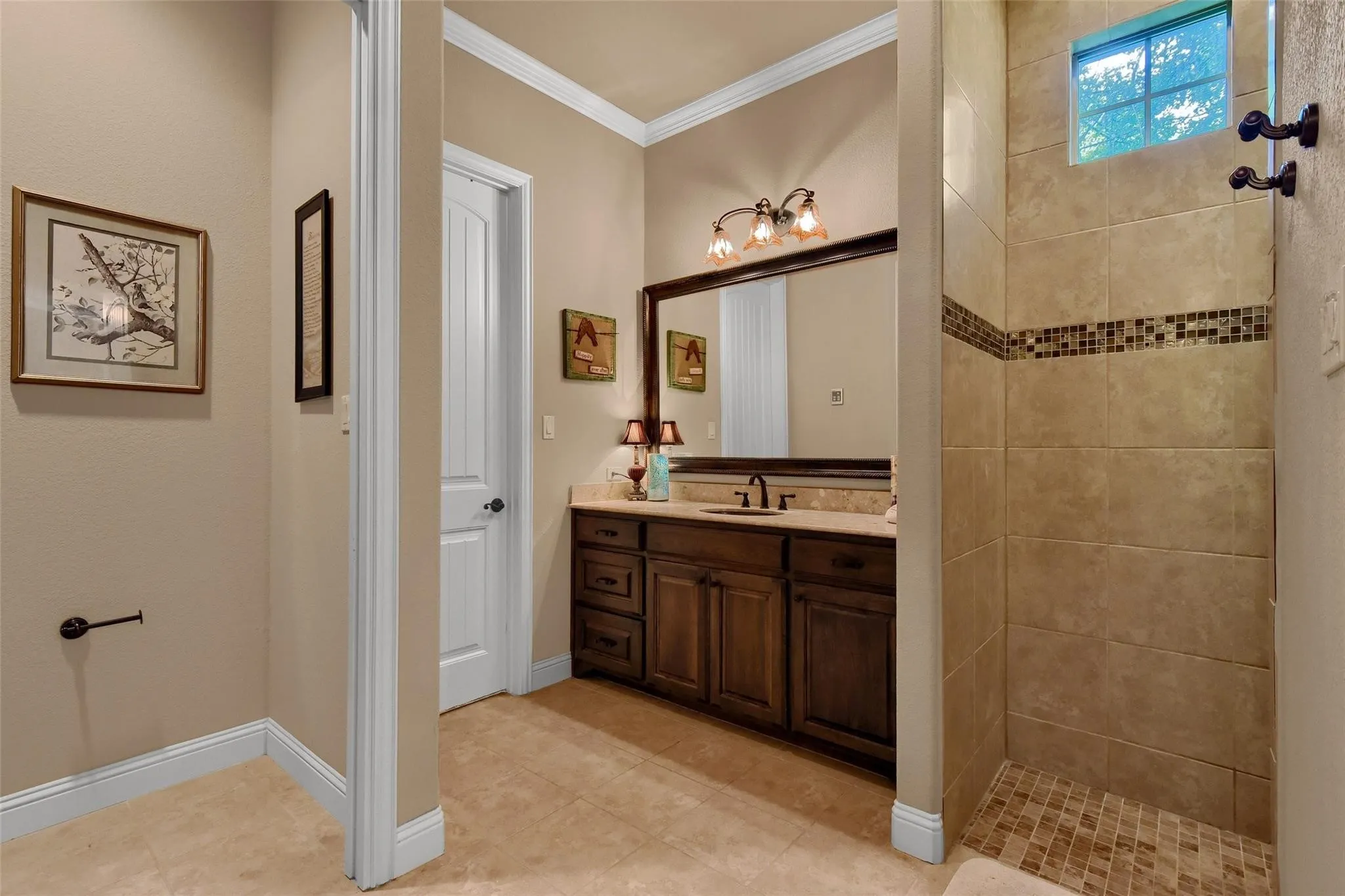 Bathroom vanity with dark wood cabinetry, stone countertop, and an integrated sink