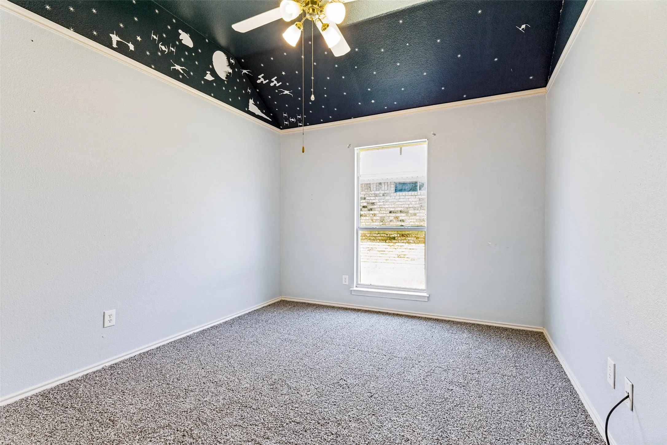 Spacious room featuring a unique dark ceiling with decorative white accents, light gray textured walls, and plush gray carpeting