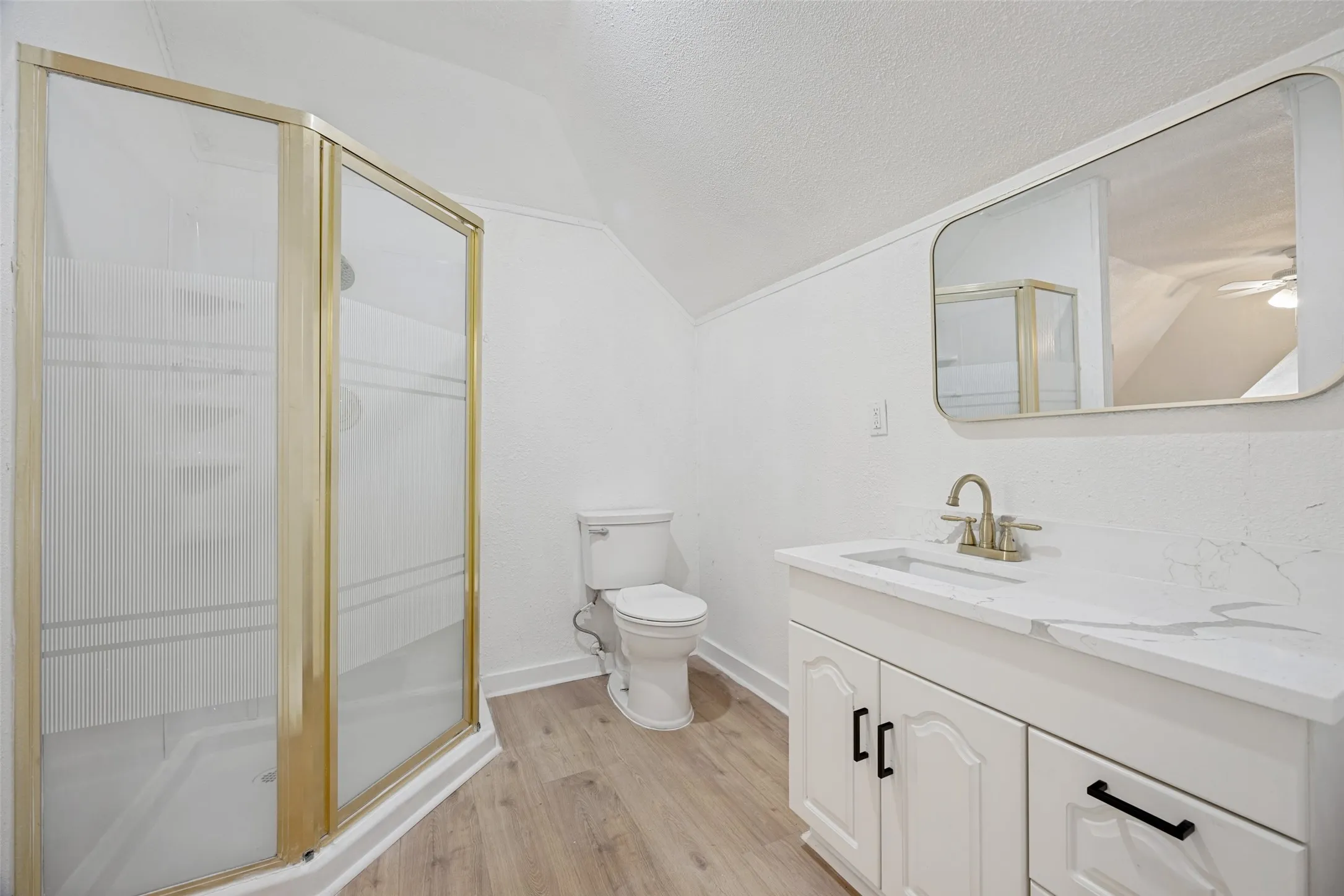 Bathroom featuring a glass shower enclosure with gold-tone framing, a white vanity with a rectangular sink and brushed nickel faucet, a white toilet, and wood-finish flooring