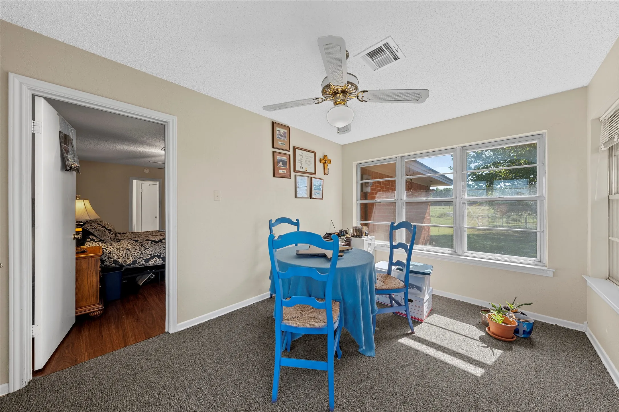 Carpeted interior space with a ceiling fan light fixture and multiple windows
