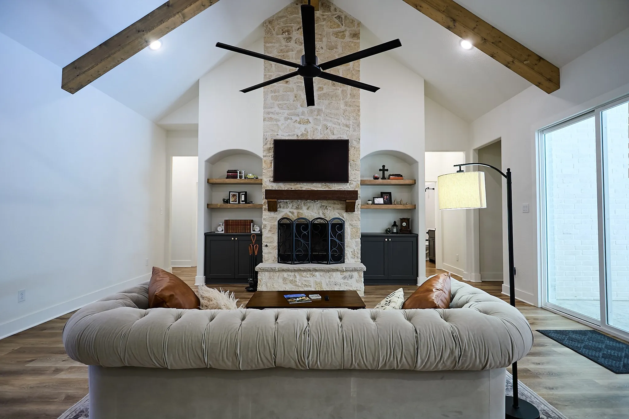 Vaulted ceiling with exposed wood beams