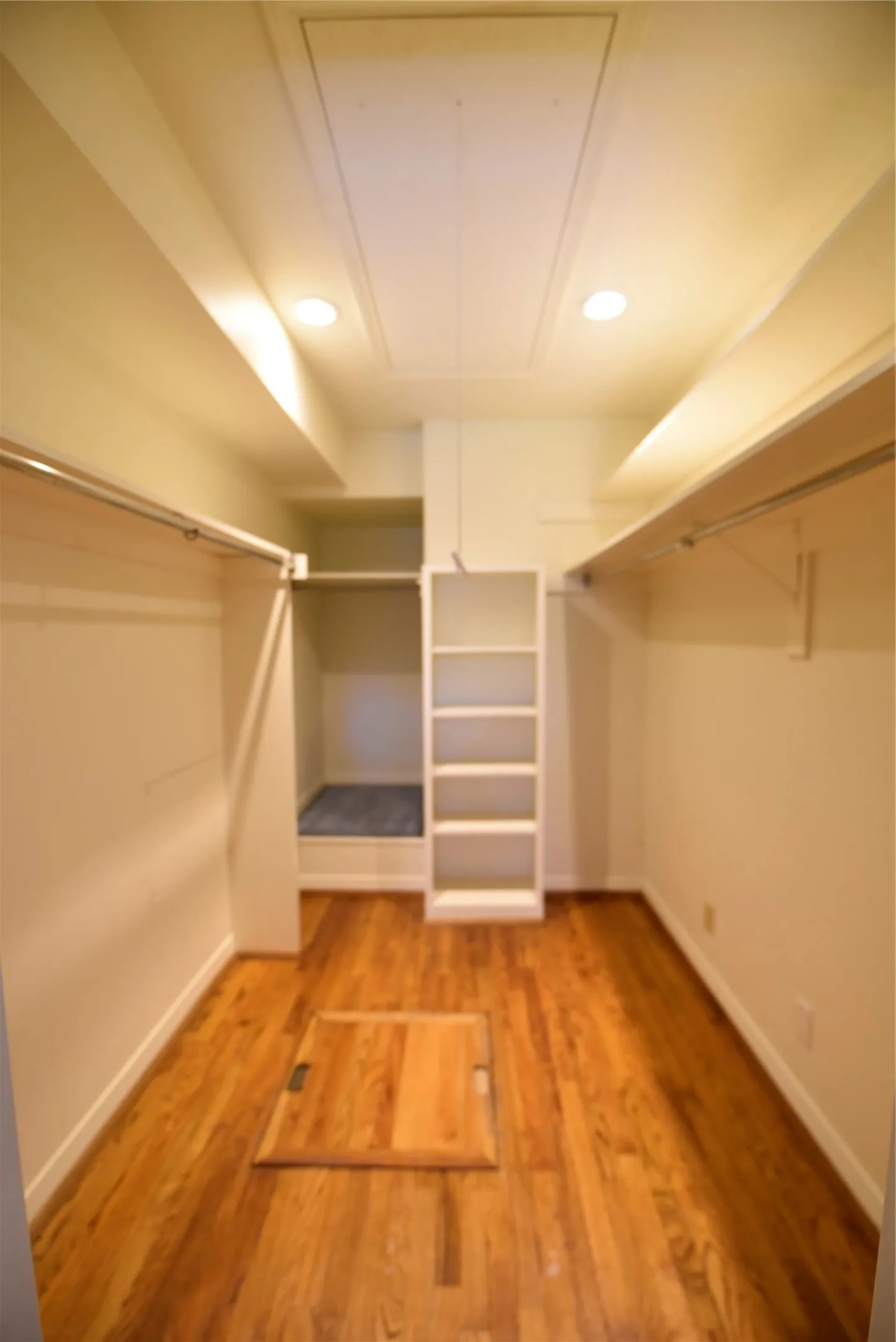 Spacious closet featuring wood-finish flooring, built-in shelving, recessed ceiling lighting, and clothing rods